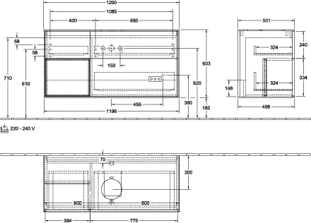 Villeroy & Boch Waschtischunterschrank „Finion“ für Schrankwaschtisch 120 × 60,3 × 50,1 cm 3 Schubladen, für Waschtischposition mittig, inkl. Beleuchtung mittig