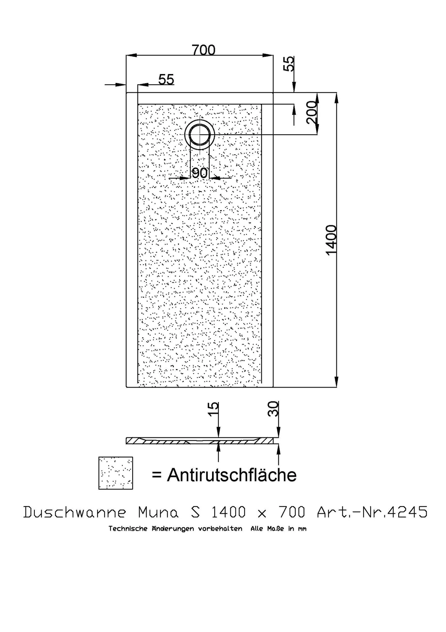 Duschwanne „Muna S“ Rechteck 140 × 70 cm in Weiß