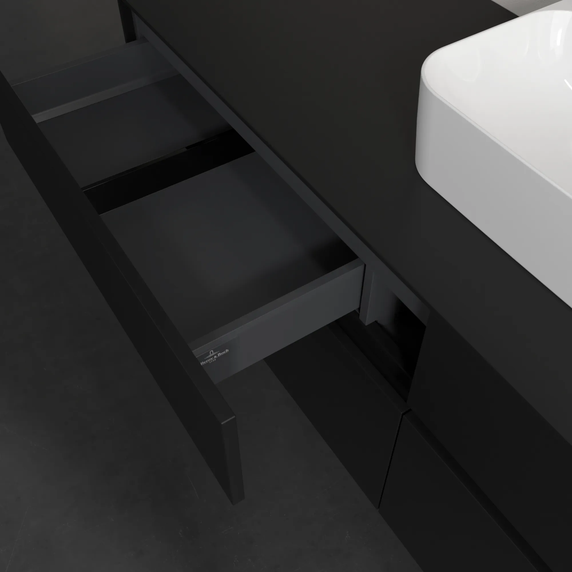 Villeroy & Boch Waschtischunterschrank „Collaro“ 1600 × 548 × 500 mm Volcano Black, mit Beleuchtung, für Becken mittig Villeroy & Boch Waschtischunterschrank „Collaro“ 1600 × 548 × 500 mm Volcano Black, mit Beleuchtung, für Becken mittig