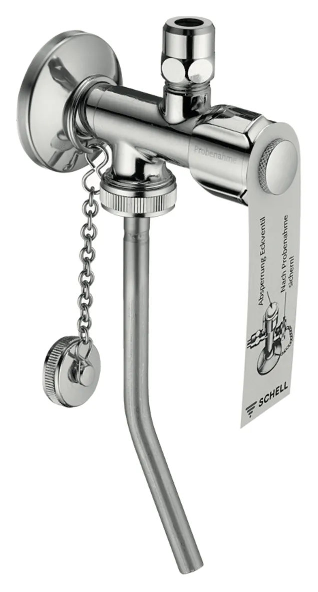 Probenahme-Eckventil, COMFORT-Griff, Schubrosette Ø 54 mm, DN 15 G 1/2 AG mit ASAG easy, Ø 10 mm (DN 10 G 3/8 AG), G 3/4 AG