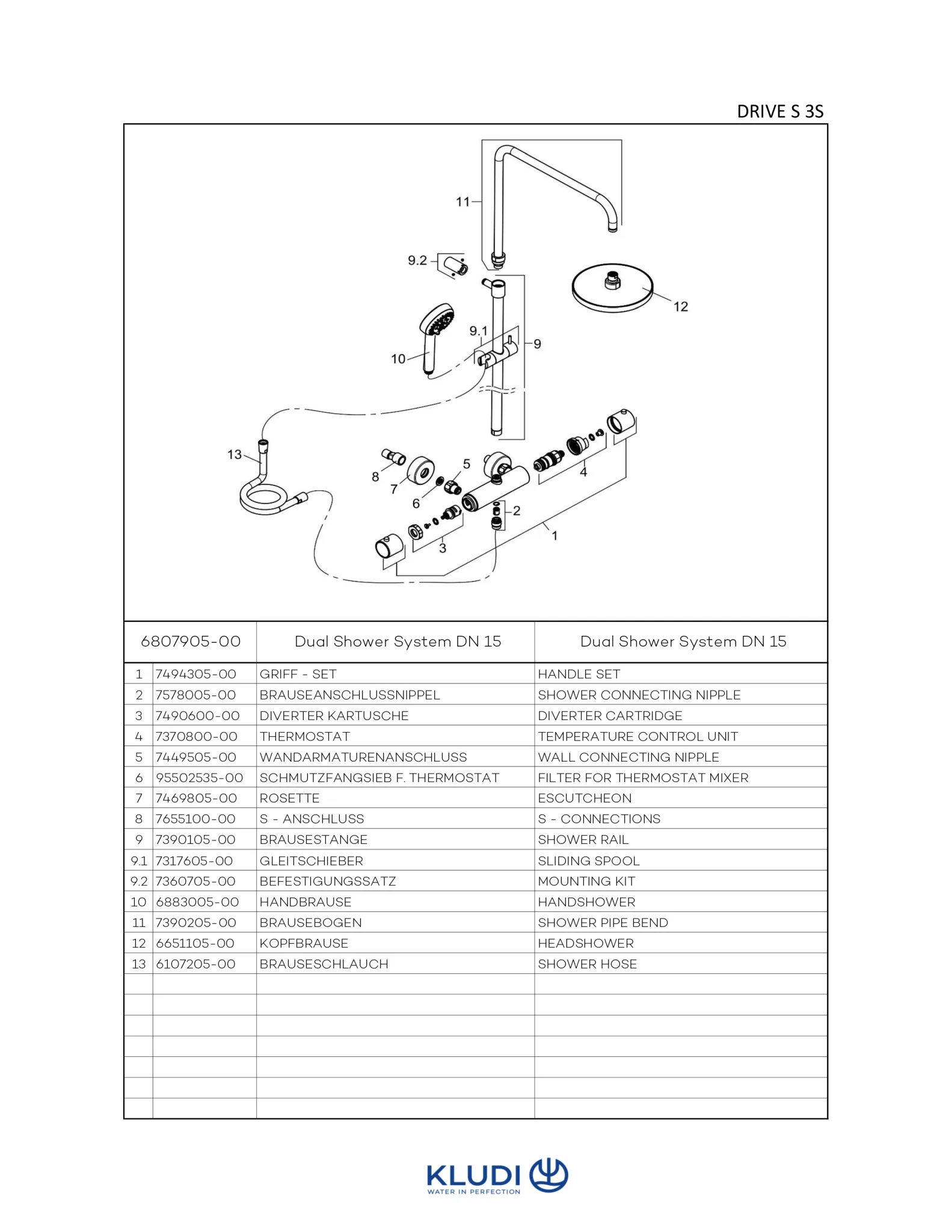 Kludi-DIVE Thermostat Dual Shower System chrom, Wandmontage, 3 Strahlarten, höhenverstellbare Handbrausehalterung