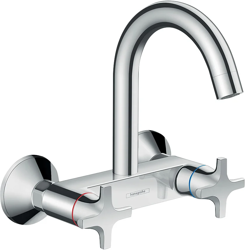 Hansgrohe Logis M32 Zweigriff-Küchenmischer, Wandmontage Highspout, Chrom, 1-Jet, Schwenkbereich 360°, Normalstrahl, Stichmaß 150 ± 12 mm, max. Durchfluss 15 l/min, Keramikventil 90°