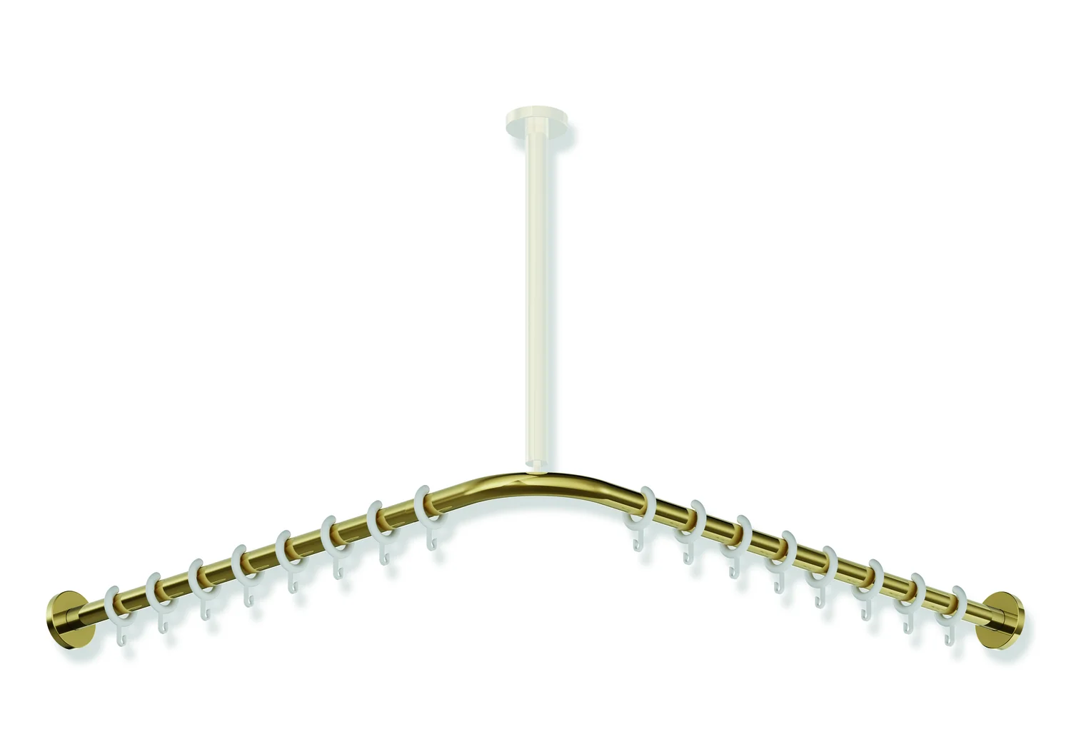 HEWI Vorhangstange System 900, Edelstahl PVD Gold glänzend, Achsmaß 787 x 787 mm, Durchmesser 25 mm, mit 16 Vorhangringen aus weißem POM HEWI Vorhangstange System 900, Edelstahl PVD Gold glänzend, Achsmaß 787 x 787 mm, Durchmesser 25 mm, mit 16 Vorhangringen aus weißem POM