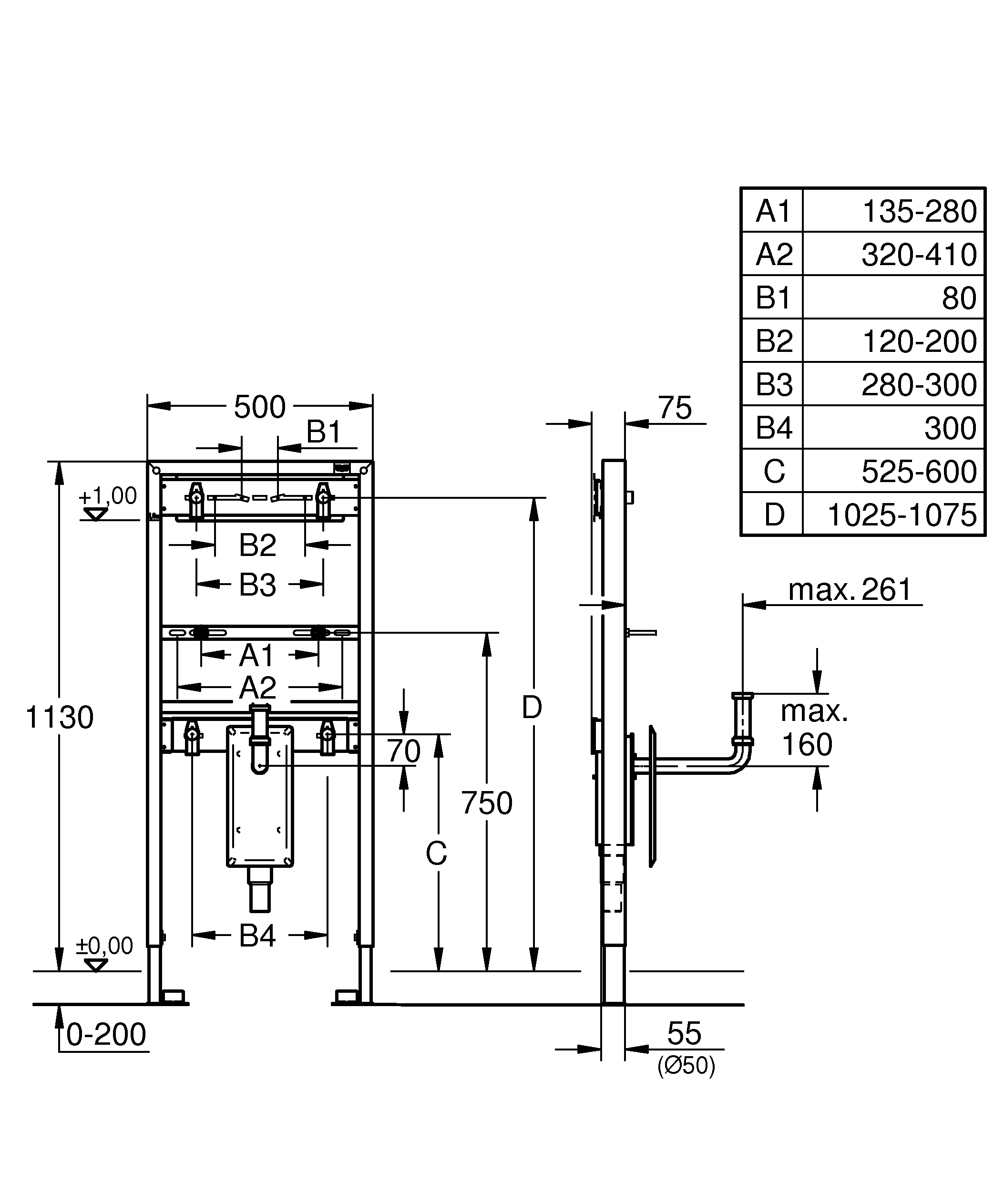 Waschtisch-Element Rapid SL 38625_1, 1,13 m Bauhöhe, für Vorwand- oder Ständerwandmontage, mit Geruchverschluss für Unterputz-Wandmontage, 2 schallgedämmte Armaturenanschlüsse DN 15, mit Abdeckplatte für Geruchverschluss aus Edelstahl