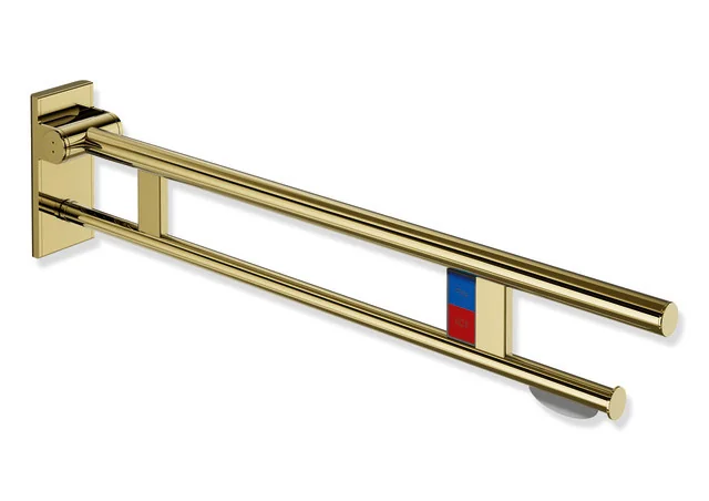 HEWI Stützklappgriff Duo System 900, Design A, Edelstahl PVD gold glänzend, Ausladung 850 mm, mit WC-Papierhalter und Spül-/Funktionstasten (E-Ausführung), links