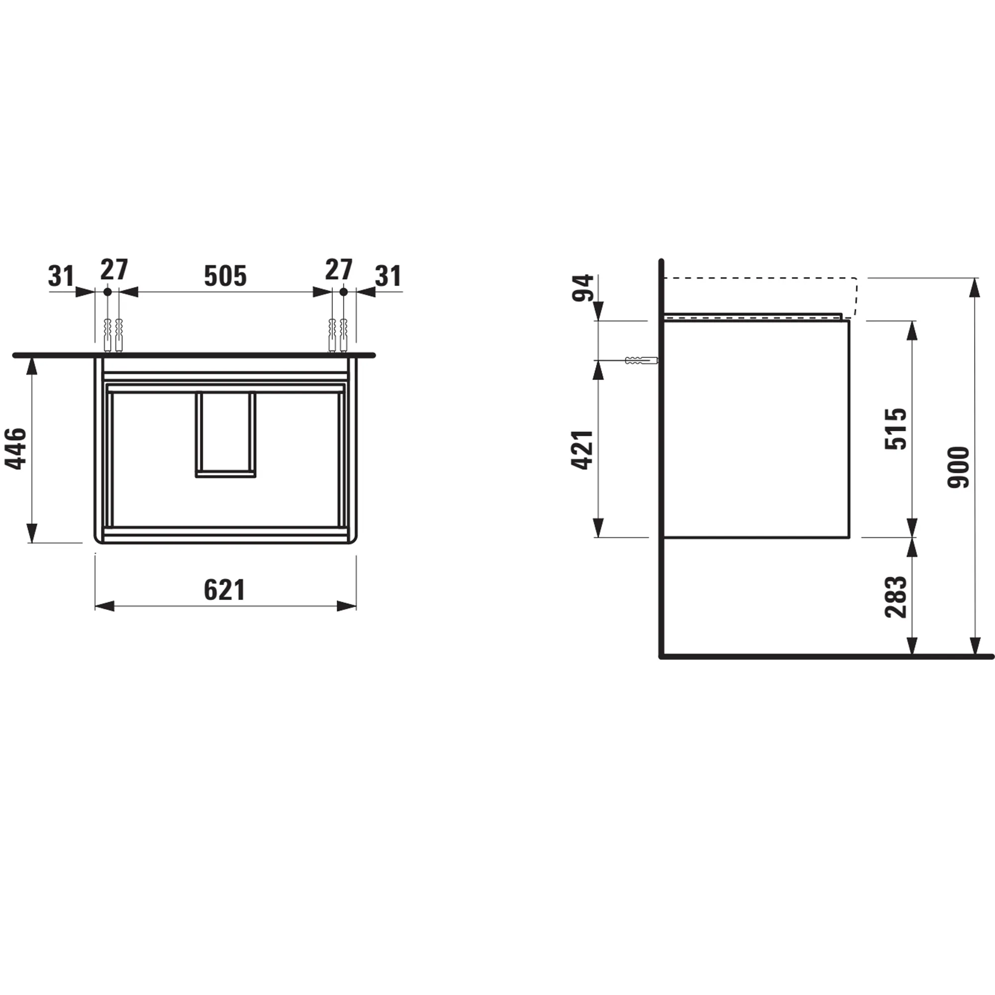 Waschtischunterbau BASE 2.0 für PRO S 446x621x515 2 Schubl mit Griffmulde für Waschtisch H810964 weiß matt