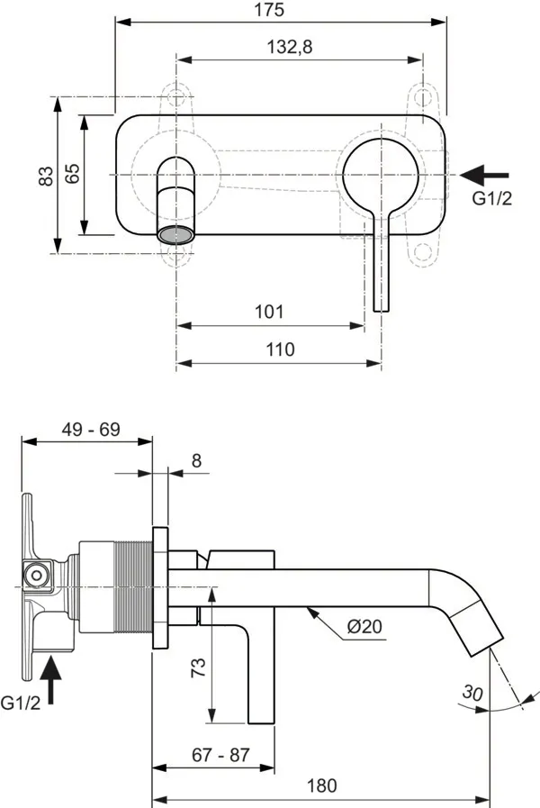 Wand-Waschtischarmatur Joy, Bausatz 2, eckige Rosette, Ausladung 180mm, Brushed Gold Wand-Waschtischarmatur Joy, Bausatz 2, eckige Rosette, Ausladung 180mm, Brushed Gold