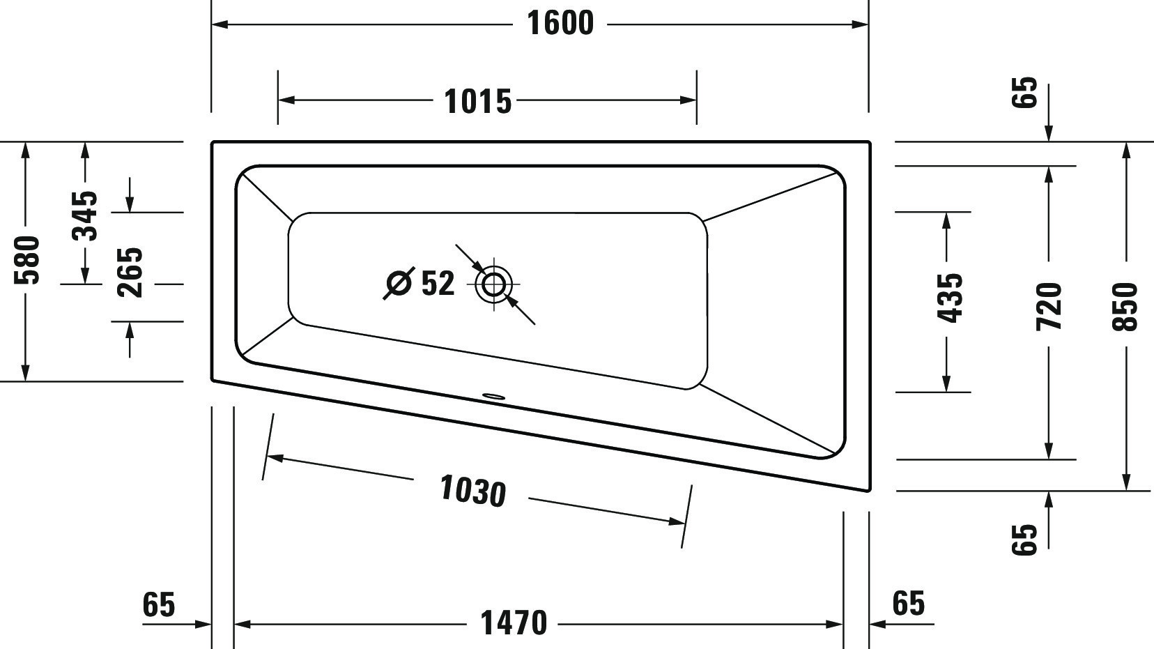 Duravit Badewanne „No.1“ trapez 1600 × 850 mm, rechts in Weiß Duravit Badewanne „No.1“ trapez 1600 × 850 mm, rechts in Weiß