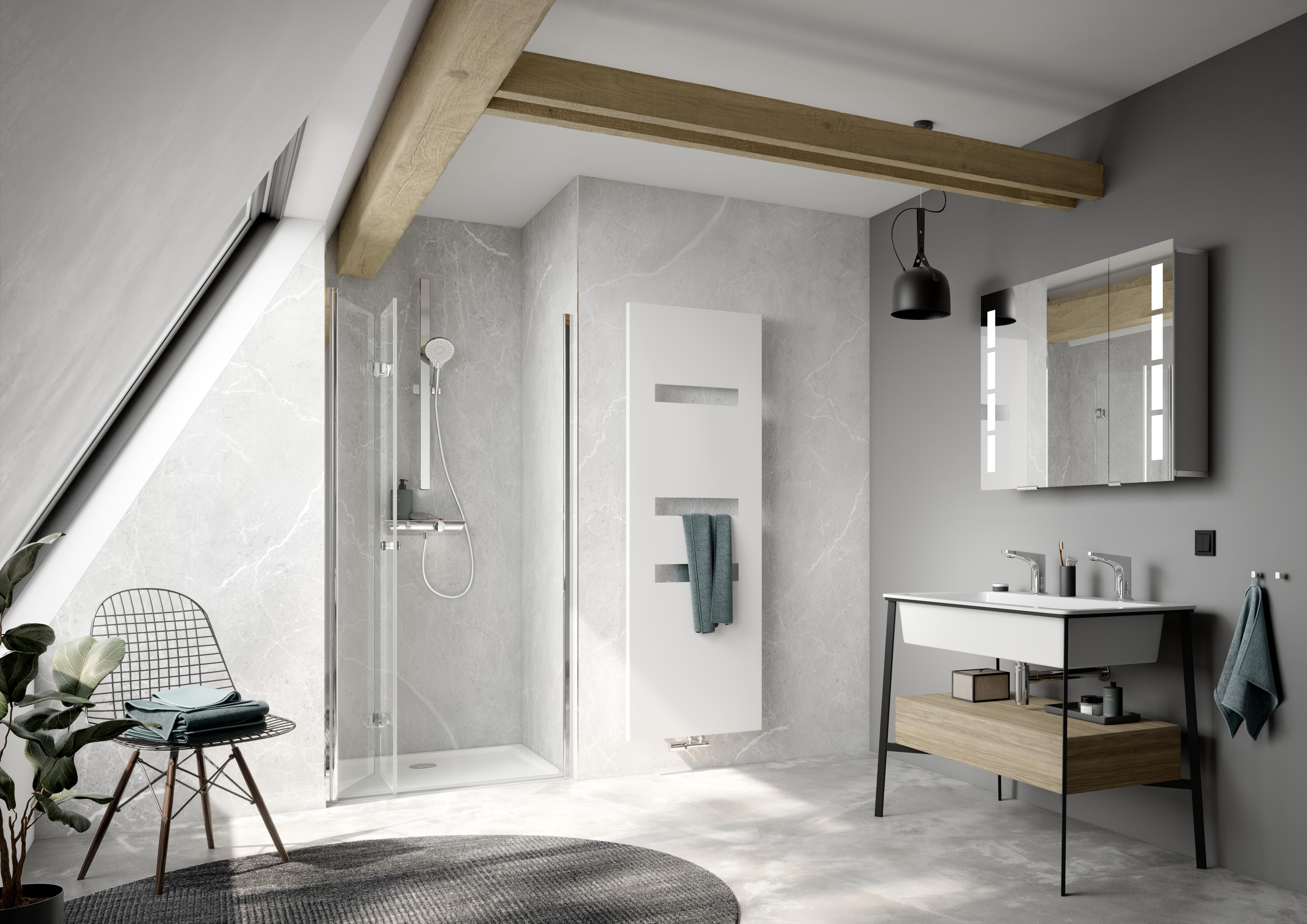 HSK teilgerahmte Drehfalttür pendelbar „Exklusiv 2.0“ Glas Mattglas, Profile Alu Silber-matt, Scharniere Premium Classic, B: 970 mm H: 2000 mm HSK teilgerahmte Drehfalttür pendelbar „Exklusiv 2.0“ Glas Mattglas, Profile Alu Silber-matt, Scharniere Premium Classic, B: 970 mm H: 2000 mm