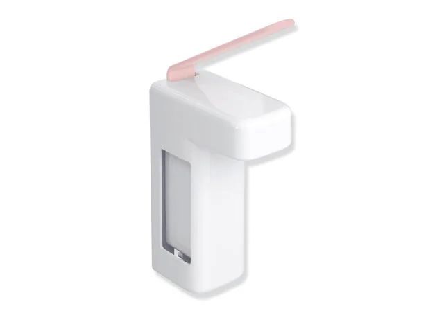 HEWI Desinfektionsmittel-Seifenspender Serie 477, Korpus Signalweiß (Farbe 98), Hebel rosa, 88 mm breit, 358 mm hoch, 187 mm tief