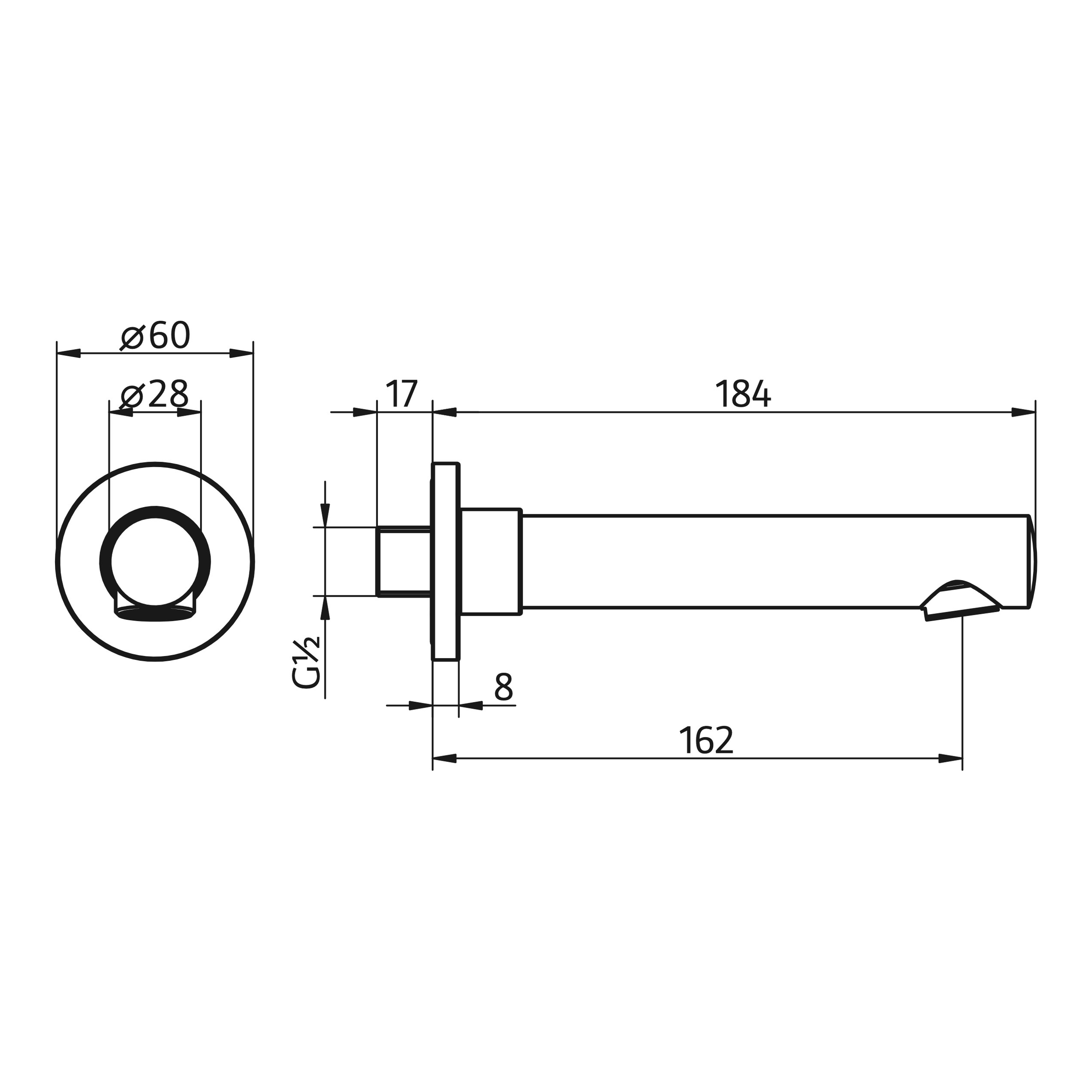 HSK Wannenfüller ⌀ 2,8 cm Ausladung 162 mm in chrom