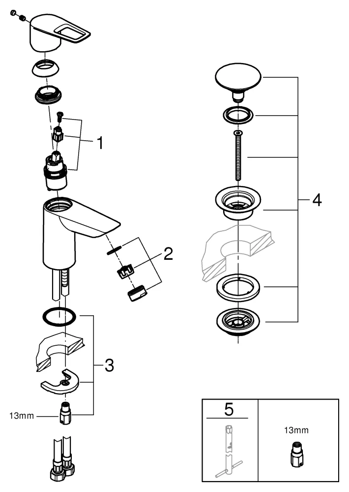 Einhand-Waschtischbatterie BauLoop 23883_1, S-Size, Energie-Sparfunktion Mittelstellung kalt, Einlochmontage, Temperaturbegrenzer, EcoJoy 5,7 l/min Mousseur, glatter Körper, Push-open Ablaufgarnitur aus Kunststoff 1 1/4″, chrom