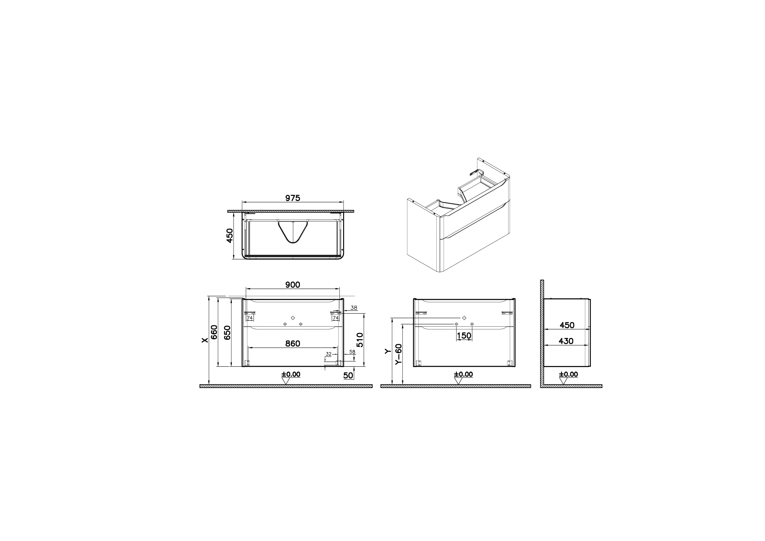 New Integra Round Waschtischunterschrank mit 2 Vollauszügen 97 x 45 x 65 cm (BxTxH) Weiß Matt