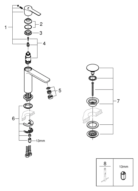 Einhand-Waschtischbatterie Lineare 23106_1, S-Size, Einlochmontage, glatter Körper, Push-open Ablaufgarnitur 1 1/4″, chrom