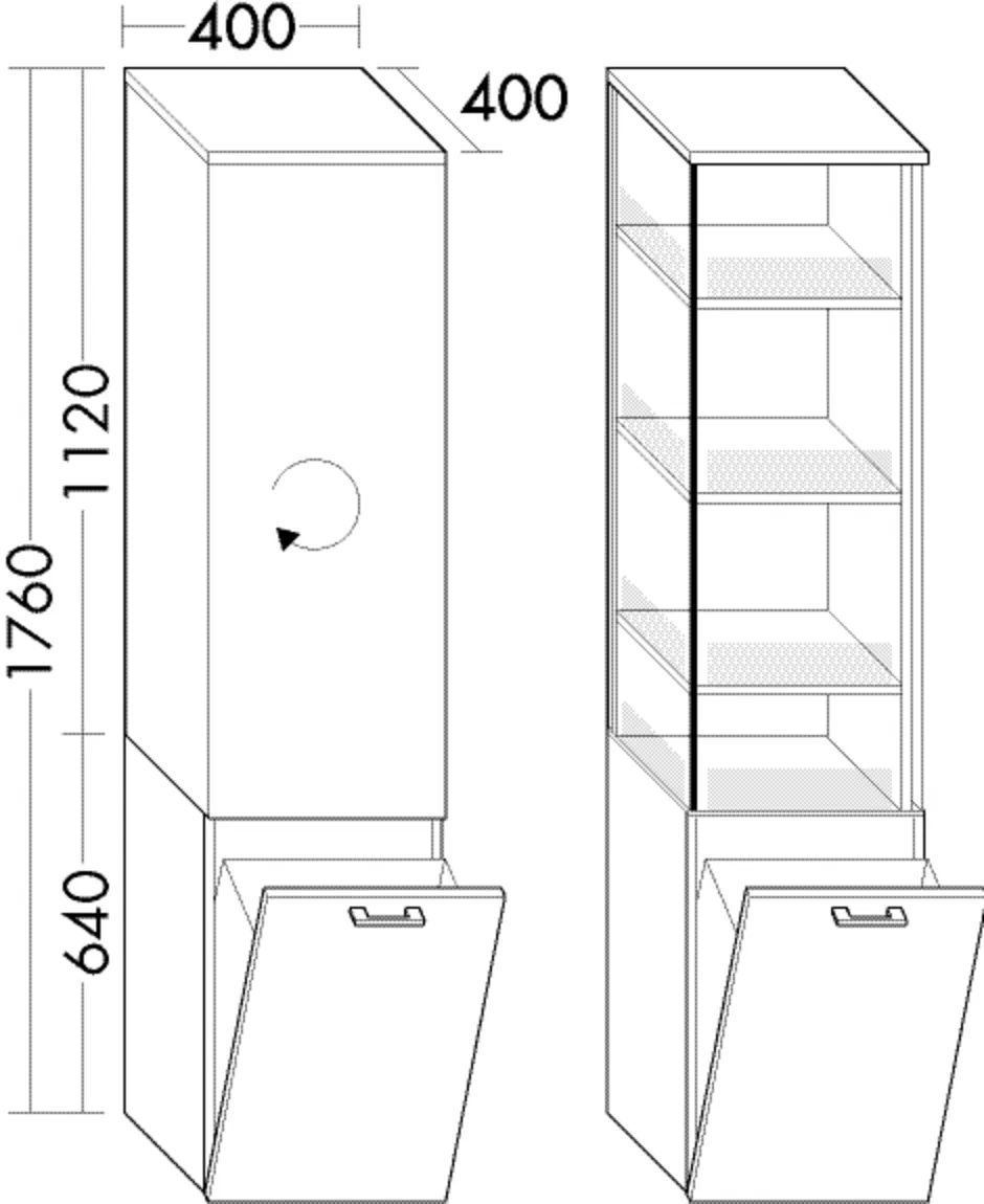 Hochschrank, MagicTwist Drehbeschlag;4 feste Böden;1 Wäschekippe;Cover System inkl. senkrechter Strebe, Tiefe: 400 mm, Breite: 400 mm, Höhe: 1760 mm