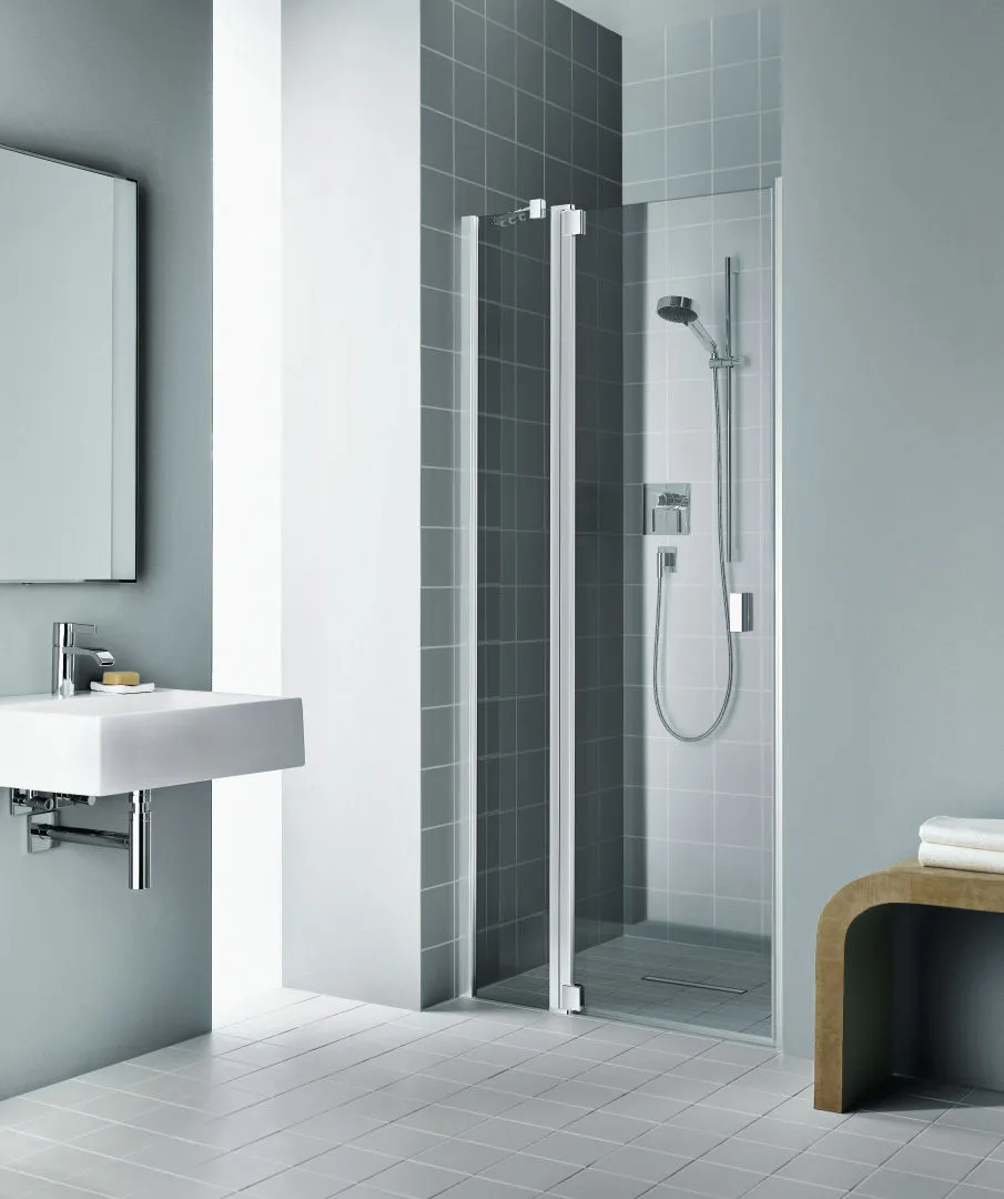 Kermi Pendeltür 1-flügelig mit Festfeld links für Nische und Ecke „RAYA“ Glas Klar, Profile Silber Mattglanz, BV: 843 - 883 mm GAK: 830 - 860 mm WE: 843 - 883 mm H: 2000 mm