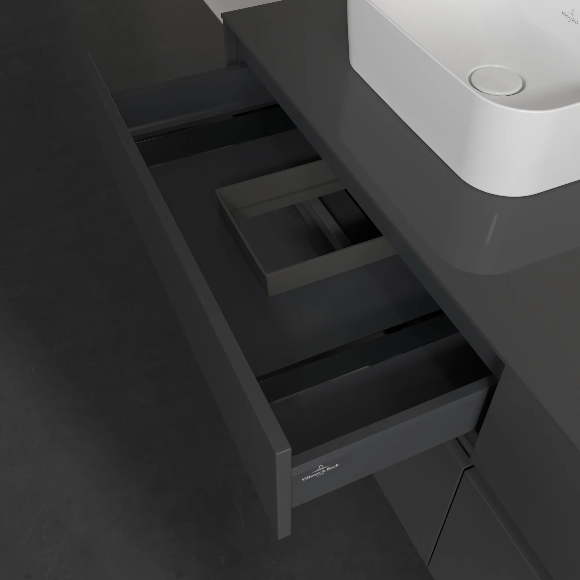 Villeroy & Boch Waschtischunterschrank „Collaro“ 1600 × 548 × 500 mm Glossy Grey, ohne Beleuchtung, für links und rechts Villeroy & Boch Waschtischunterschrank „Collaro“ 1600 × 548 × 500 mm Glossy Grey, ohne Beleuchtung, für links und rechts