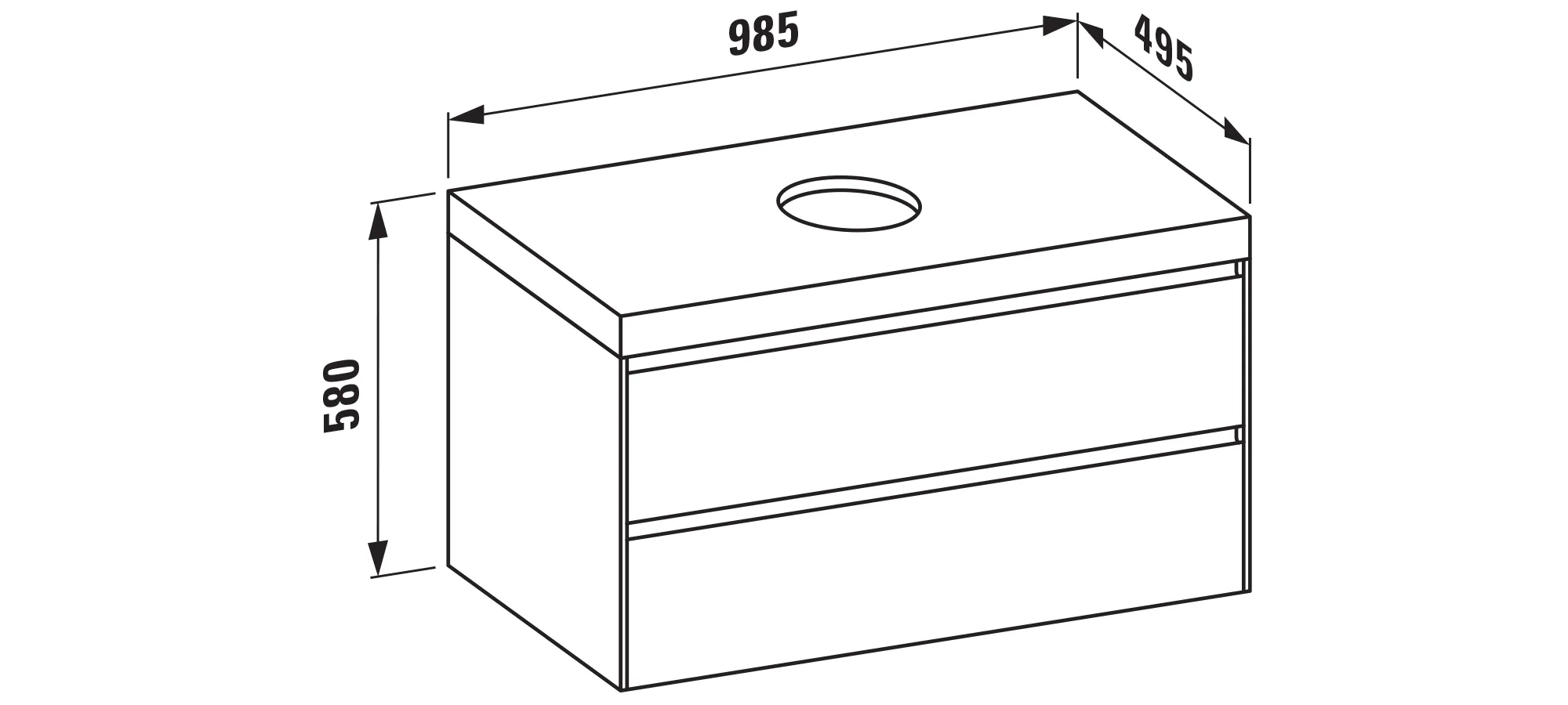 Waschtischunterbau+Waschtischplatte (MODULAR SYSTEM) LANI 495x985x580 mit Ausschnitt mittig Abdeckplatte 65 mm (Farbe: .260 weiß matt), mit 2 Schubladen integrierter Griffleiste Vollauszug und Soft-Close weiß matt