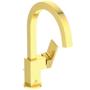 Ideal Standard Waschischarmatur Extra Brushed Gold, Ausladung 190 mm, hoher Auslauf 195 mm, Metall-Zugstangen-Ablaufgarnitur G1 1/4, Flexible Anschlussschläuche G3/8