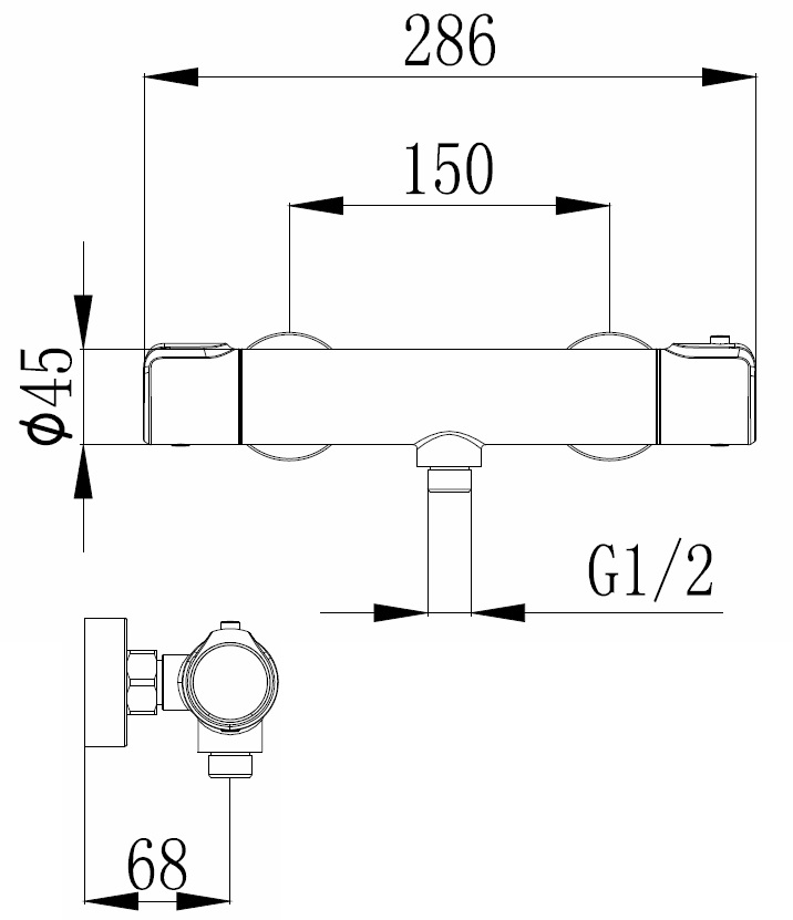 Thermostat-Brausebatterie AqvaTherm - Brauseabgang 1/2″ unten - cool touch - Edelstahlfilter - S-Anschlüsse mit Rosetten - eigensicher - Sicherheitstaste - chrom