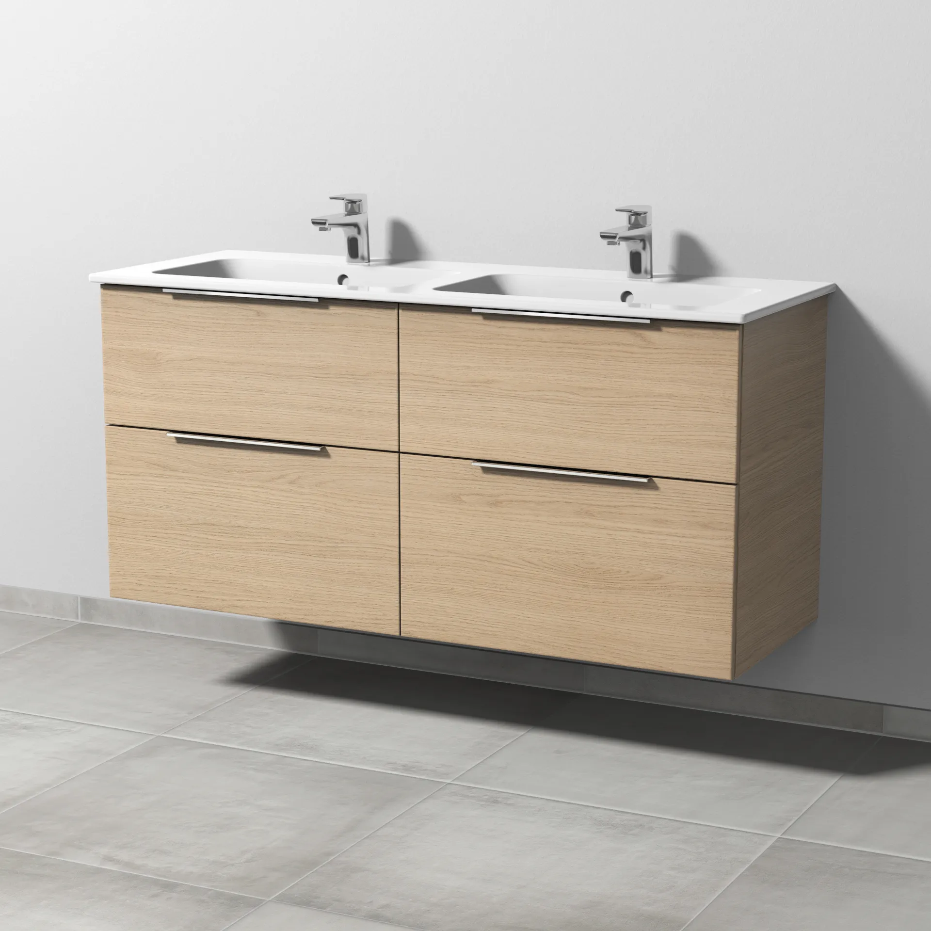 Sanipa Waschtischunterschrank „3way“ passend zu Keramik-Waschtische ME by Starck von Duravit 1270 × 613 × 467 mm in Eiche Nordic, mit Hahnlochbohrung