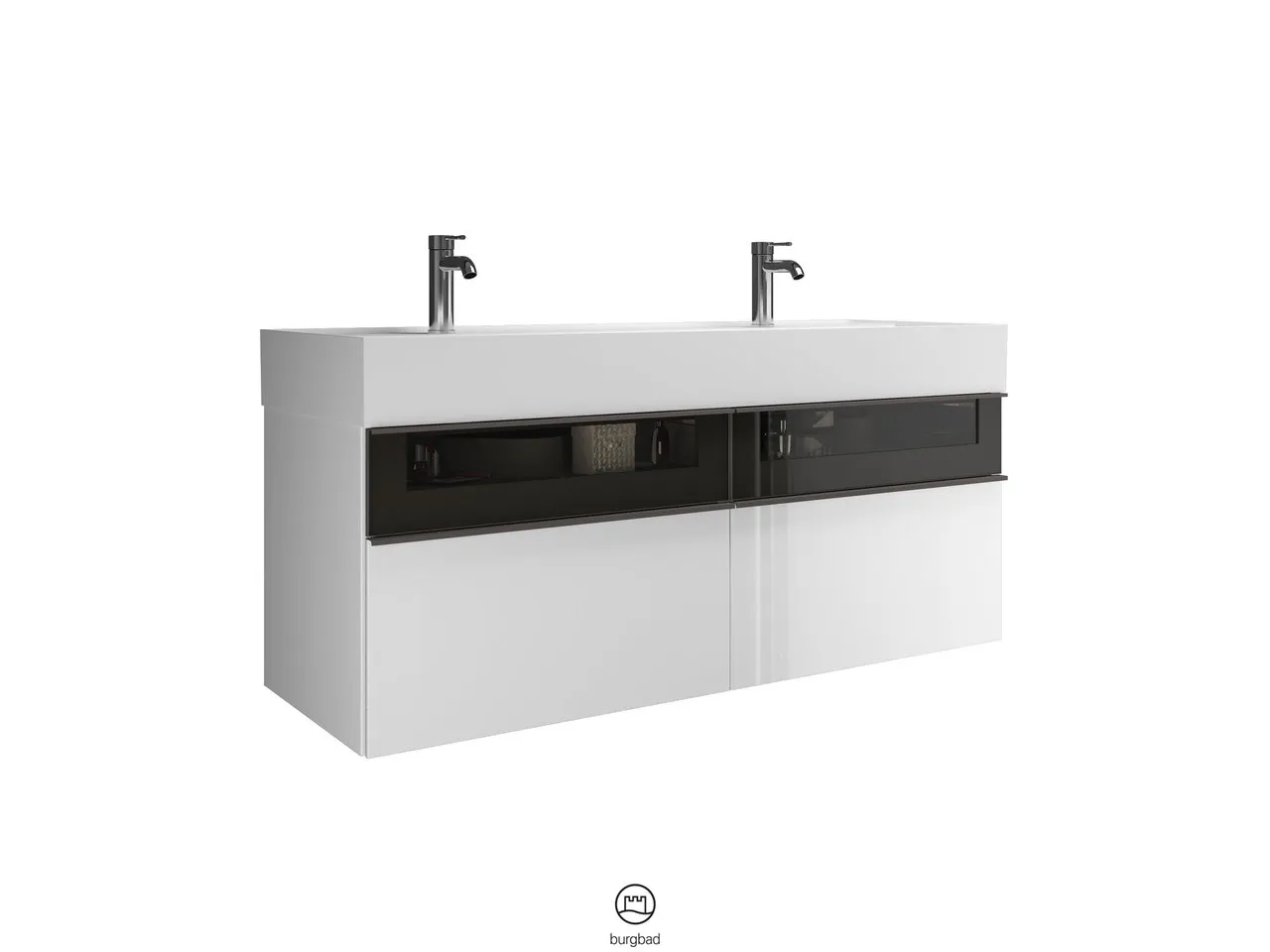Mi-Waschtisch inkl. WTU Yumo von burgbad – Mineralguss, 470x1315x610 mm, 2 Schubladen, Rauchglaseinsatz Mi-Waschtisch inkl. WTU Yumo von burgbad – Mineralguss, 470x1315x610 mm, 2 Schubladen, Rauchglaseinsatz