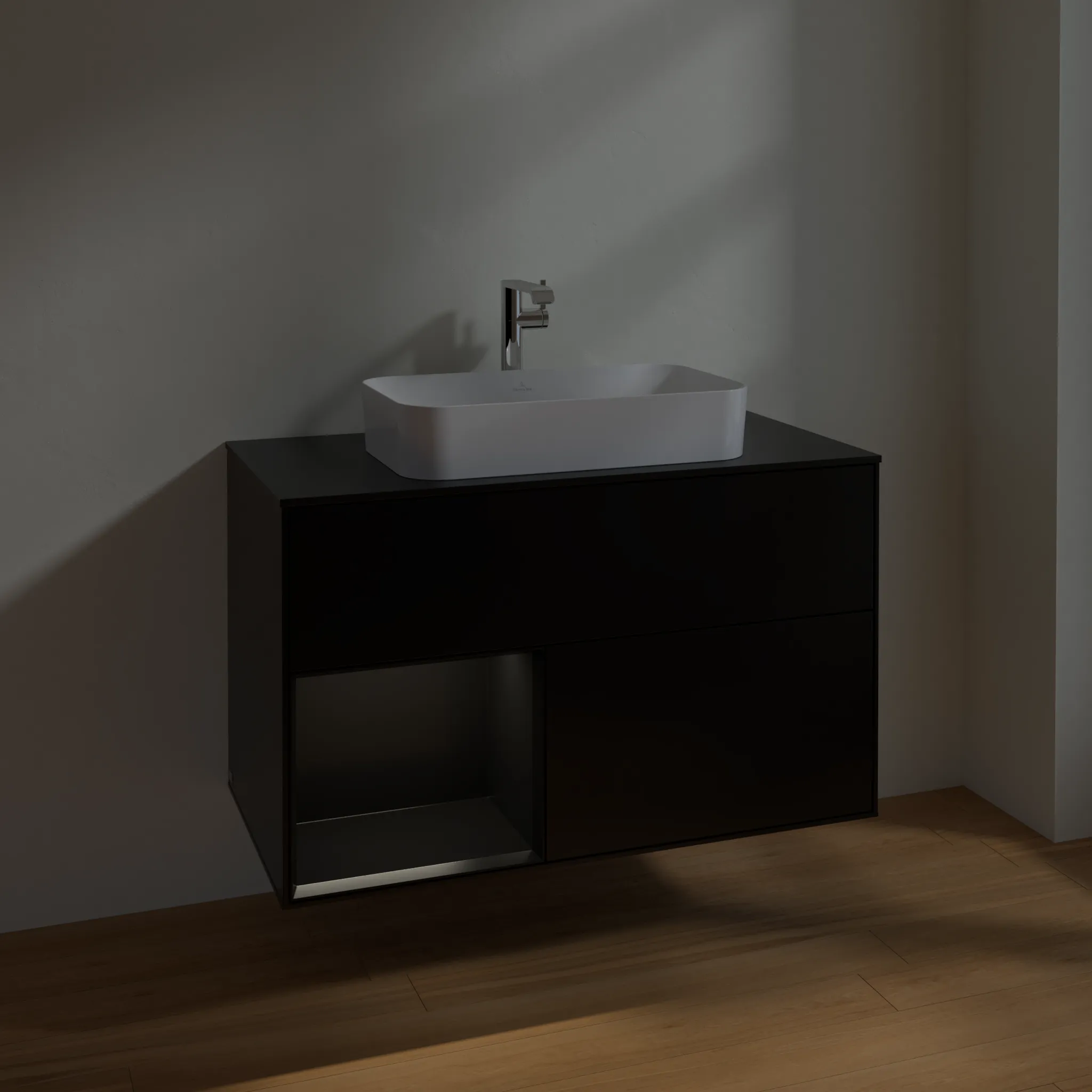 Villeroy & Boch Waschbeckenunterschrank Finion F24 in Black Matt Lacquer, 1000x603x501mm, mit Beleuchtung und Push-to-open Funktion