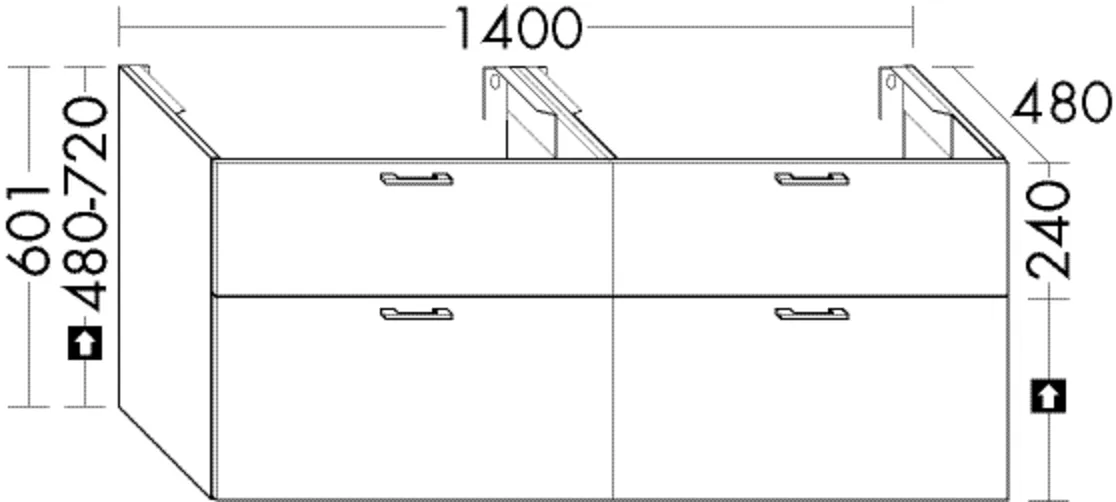 Burgbad Waschtischunterschrank Sys30, 140 cm breit, 60,1 cm hoch, 48 cm tief, 2 Schubladen, 2 Auszüge, inkl. Metallkonsolen und cleanFlow