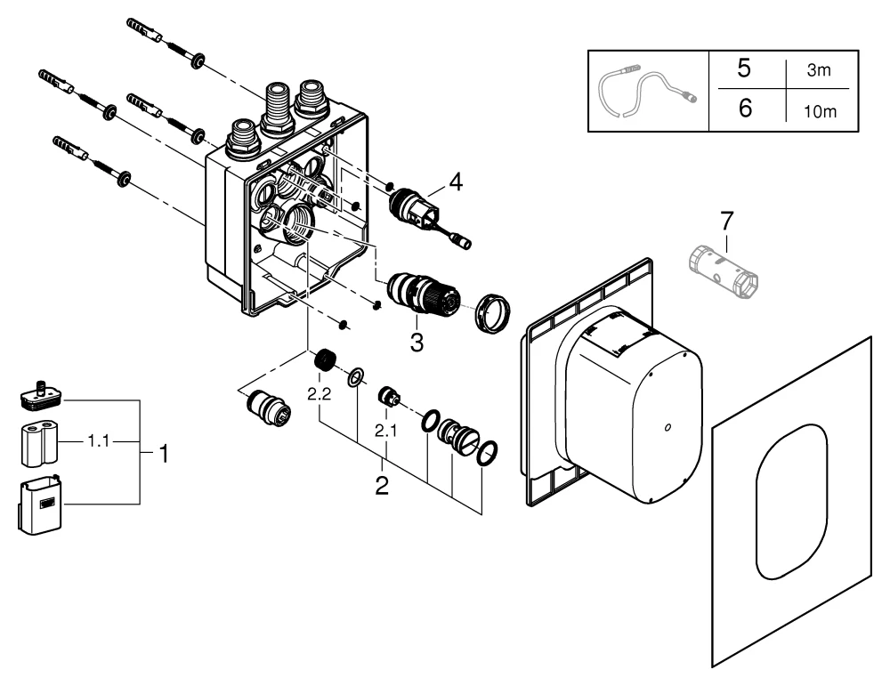 Unterputzkörper Eurosmart CE 36464, für Brause, verdeckte, voreinstellbare thermostatische Mischung, für Infrarot-Fertigmontageset 36 463 000, 6 V, mit Dichtmanschette, für normgerechte Wanddurchführung bei Wassereinwirkung nach DIN 18534:2017