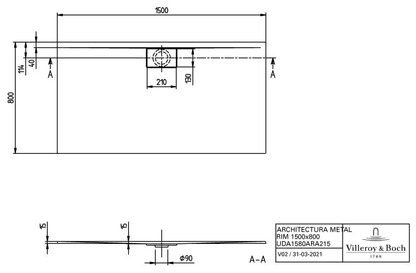 Villeroy & Boch rechteck Duschwanne „Architectura MetalRim“ 150 × 80 cm mit Antirutsch (VILBOgrip), in Weiß Alpin