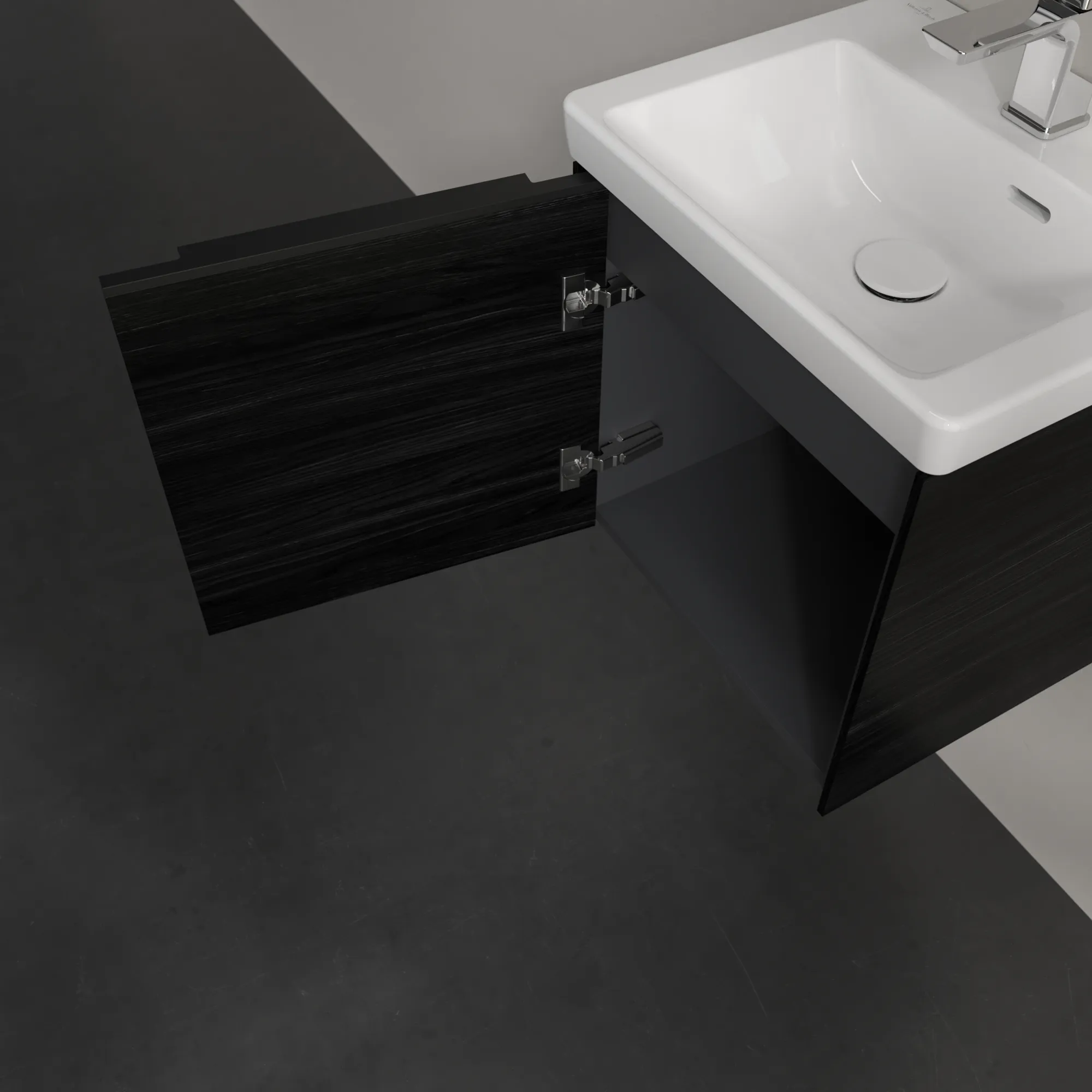 Villeroy & Boch Waschtischunterschrank mit Tür „Subway 3.0“ für Schrankwaschtisch 423 × 429 × 378 mm Black Oak, 1 Tür, für Becken mittig, Anschlag links Villeroy & Boch Waschtischunterschrank mit Tür „Subway 3.0“ für Schrankwaschtisch 423 × 429 × 378 mm Black Oak, 1 Tür, für Becken mittig, Anschlag links