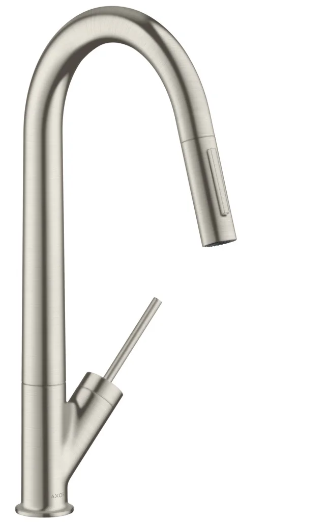 Hansgrohe AXOR Starck Einhebel-Küchenmischer 270 mit Ausziehbrause, Edelstahl, Schwenkbereich 110° oder 150°, Laminarstrahl, arretierbar, MagFit-Brausehalterung, Quick-Connect-Schlauch, max. Durchfluss 9 l/min, Auszugslänge bis 50 cm
