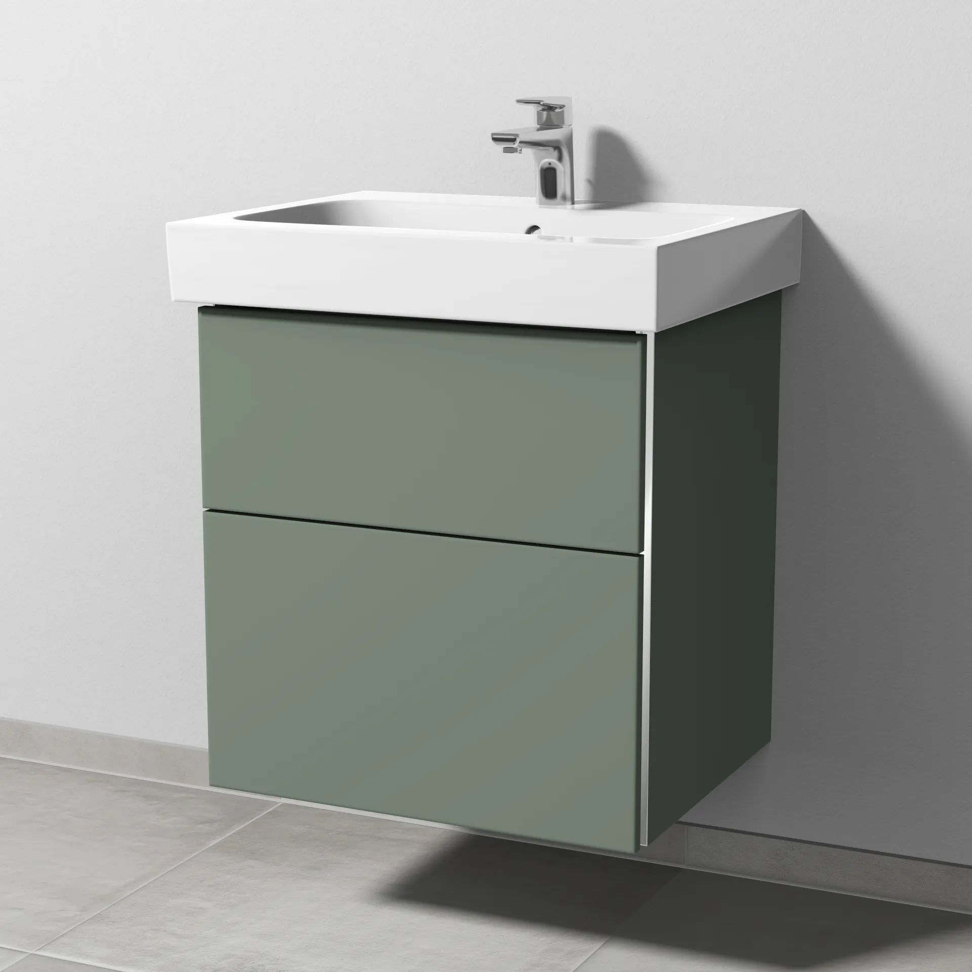 Sanipa Waschtischunterschrank „3way“ passend zu Keramik-Waschtische iCon von Geberit 550 × 593 × 462 mm in Soft-Green, Becken mittig