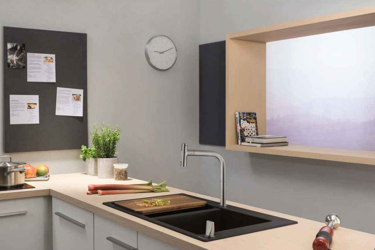 Hansgrohe Einbauspüle S51 Serie, Graphitschwarz, 370x370 mm, 2 Hauptbecken, Aufbau, Beckentiefe 190 mm
