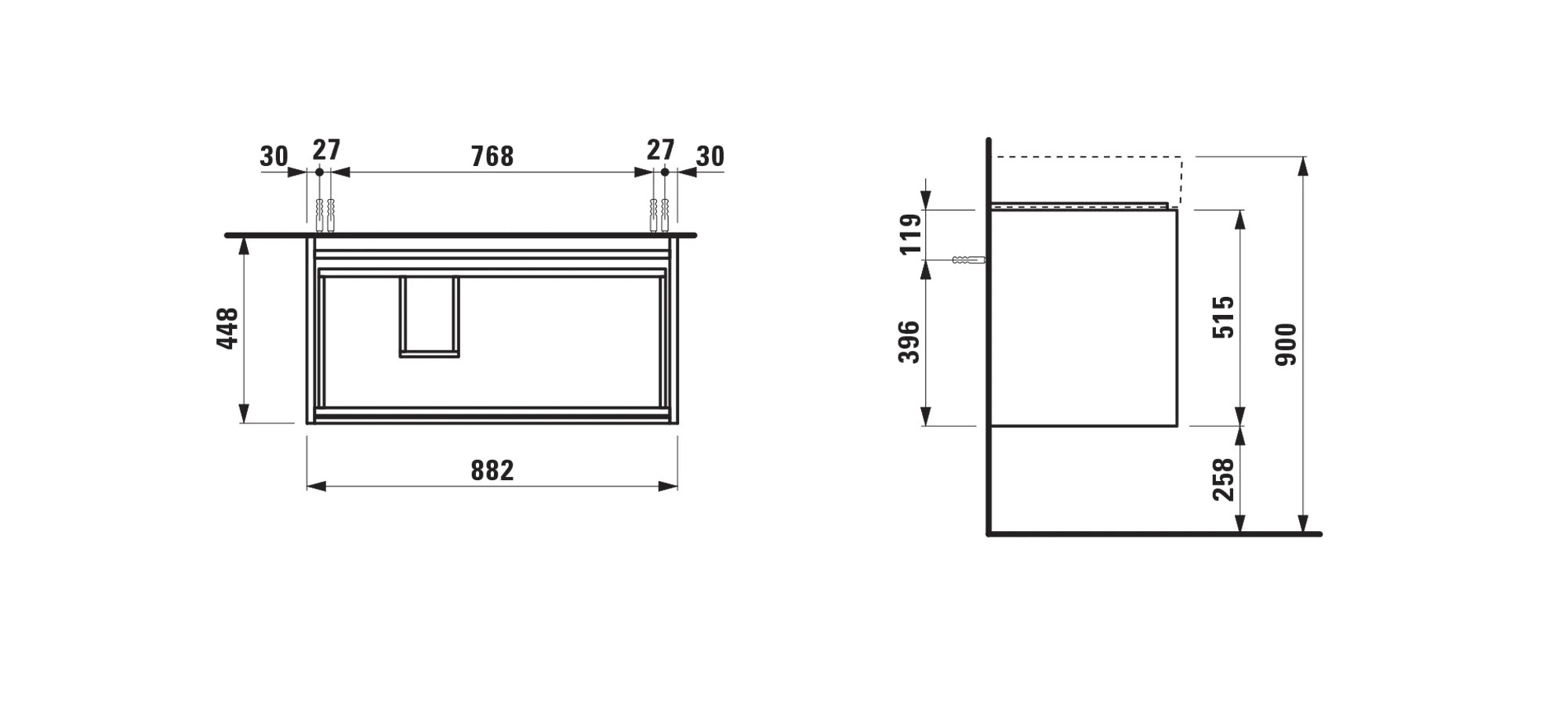 Waschtischunterbau LANI 448x882x515 mit 2 Schubladen integrierter Griffleiste Vollauszug und Soft-Close für Waschtisch Kartell • H810338 weiß matt