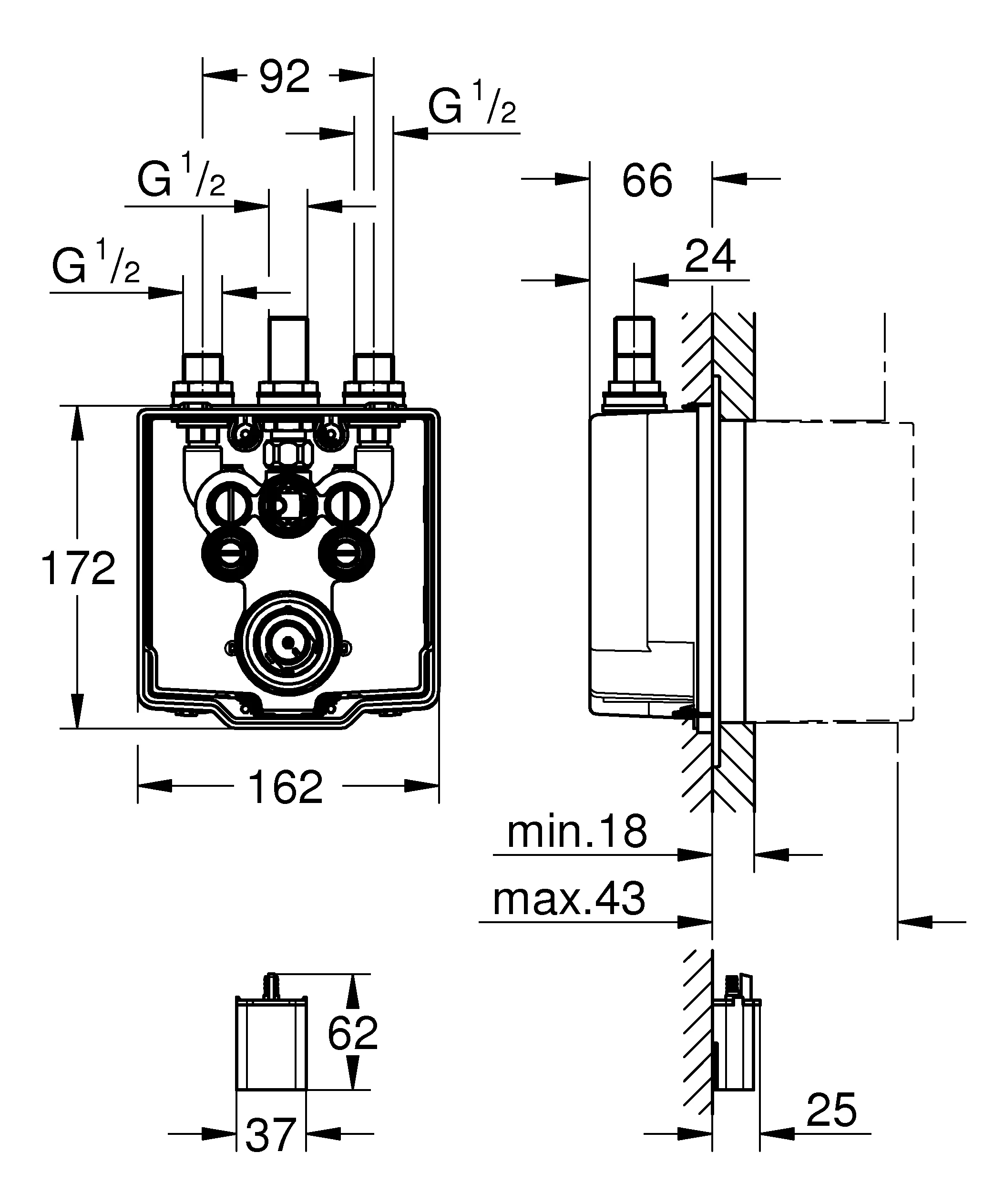 Unterputzkörper Eurosmart CE 36458, für Brause, passend zu Infrarot-Fertigmontageset 36 456 00, thermostatische Mischung, 6 V, mit Dichtmanschette, für normgerechte Wanddurchführung bei Wassereinwirkung nach DIN 18534:2017