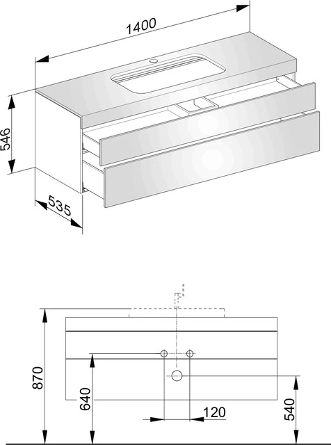 Edition 400 Waschtischunterbau m. Hahnlochbohrung, 2 Auszüge 1400 x 546 x 535 mm trüffel/Glas trüffel satiniert Waschtischunterbau Edition 400 31573, Hahnloch, trüffel/Glas trüffel sat.