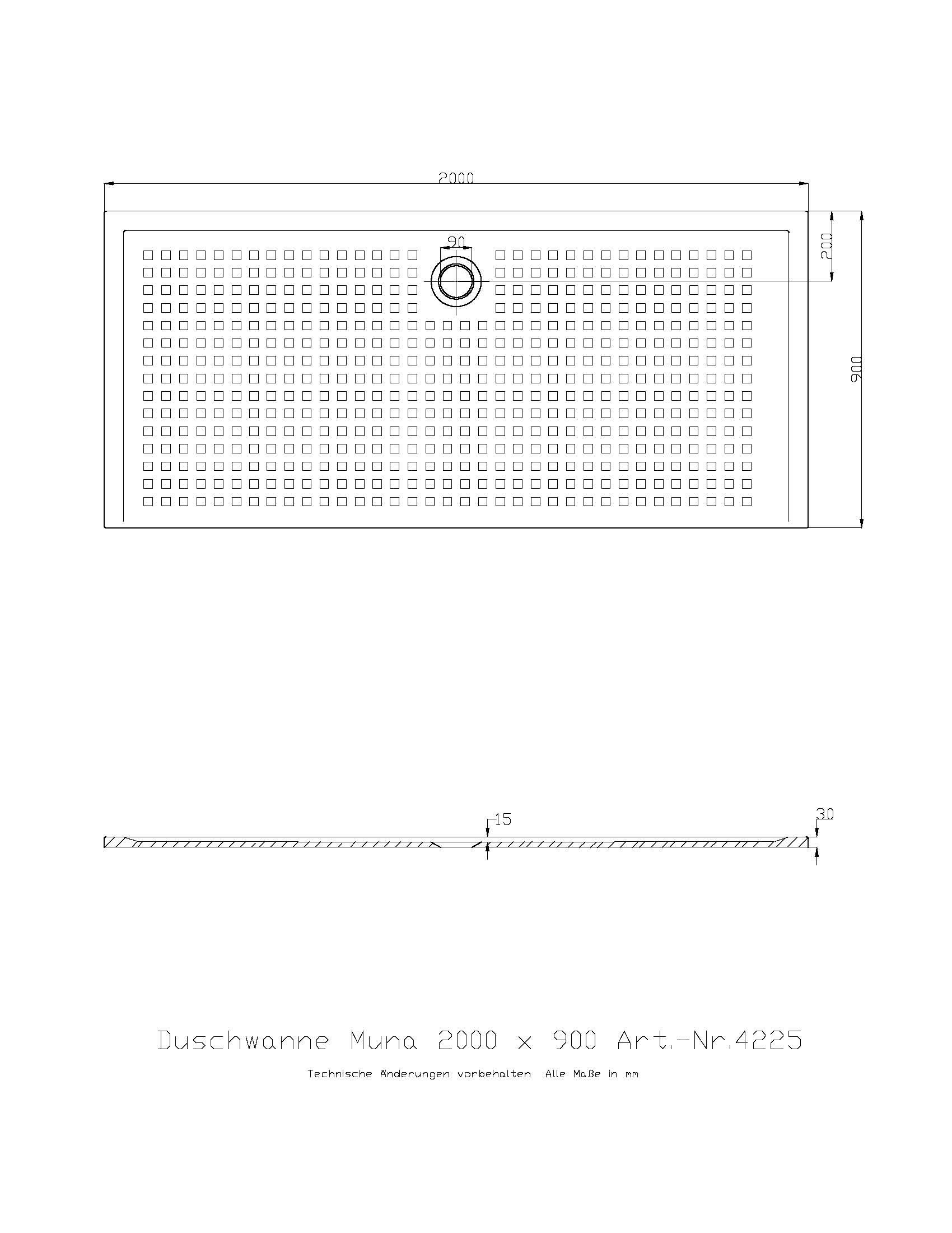 Duschwanne „Muna“ Rechteck 200 × 90 cm in Weiß