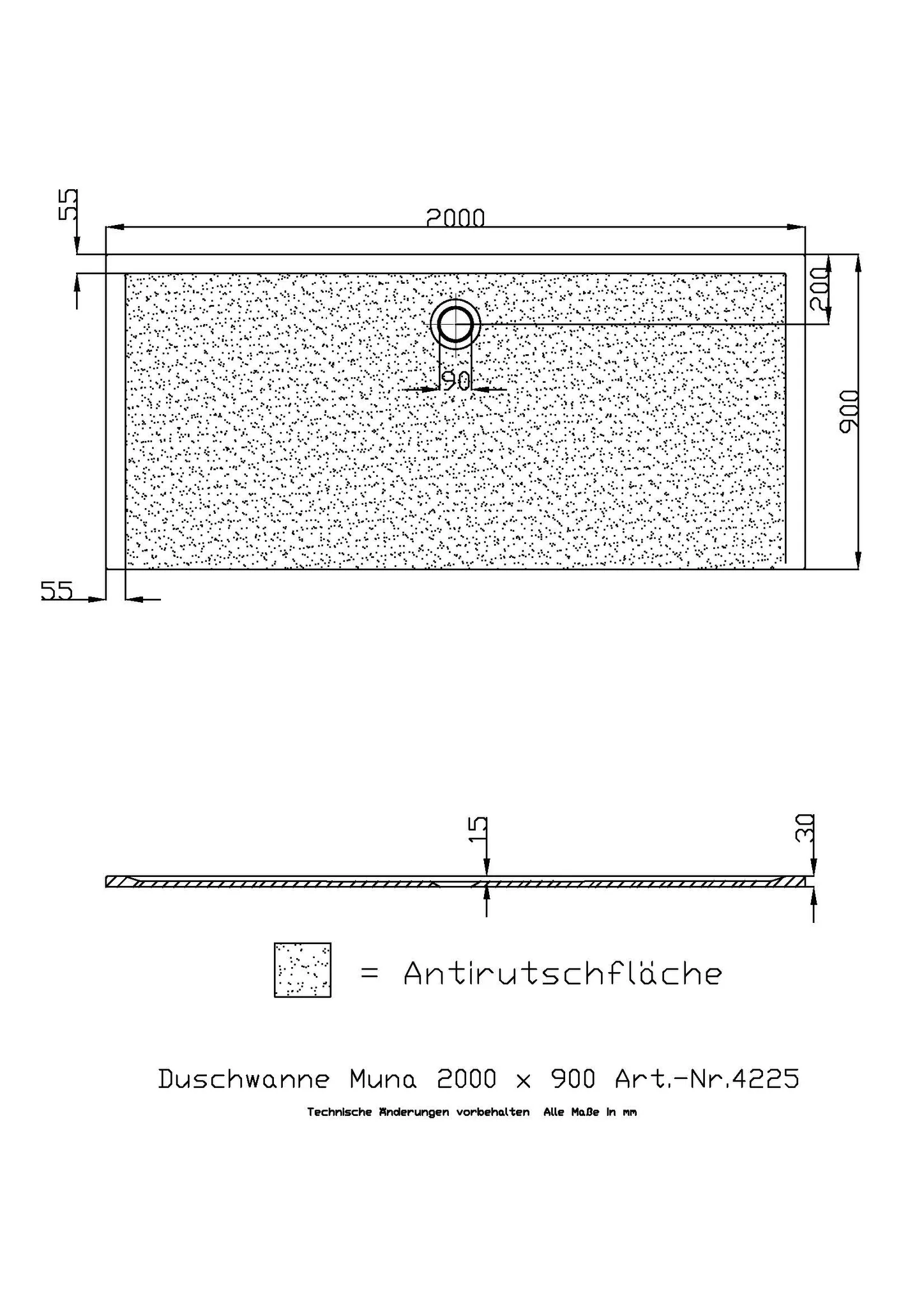 Hoesch Muna Duschwanne Mineralguss Solique, Weiß, 2000x900x30mm