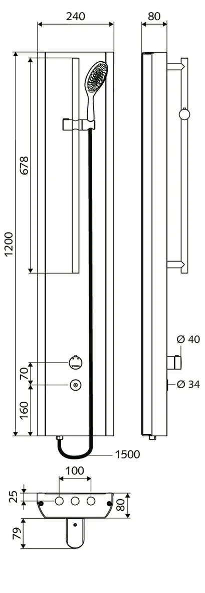 Duschpaneel LINUS Inox DP-C-T-H, Mischwasser, Thermostat, Elektronisch, Selbstschluss, 2 RFV, 2 Vorfilter, Handbrause, verstellbar, Anschlussschlauch, Brausestange, 2x DN 15 G 1/2 AG, B 240 mm x H 1200 mm x T 80 mm, Edelstahl gebürstet