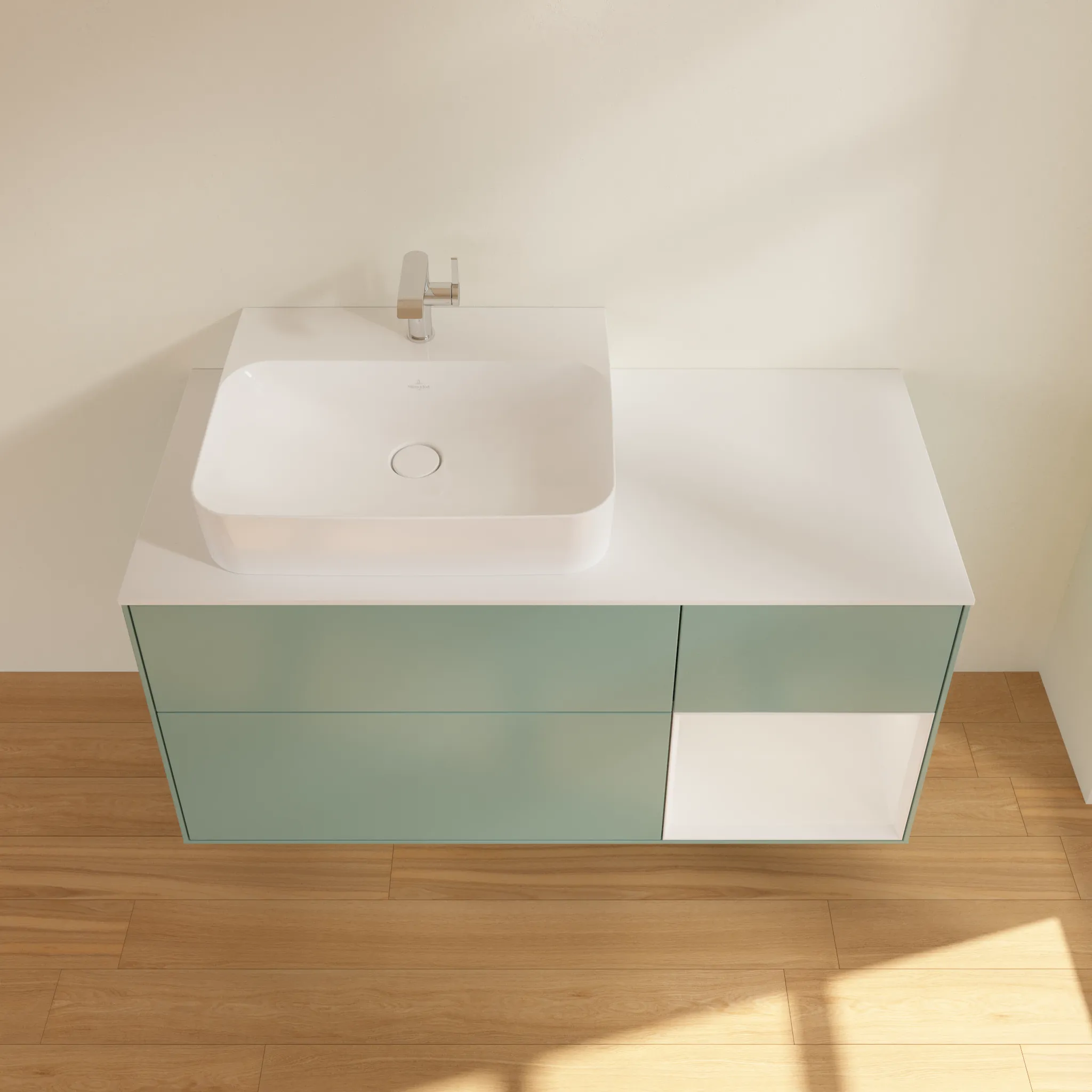 Villeroy & Boch Waschtischunterschrank „Finion“ für Schrankwaschtisch 1200 × 603 × 501 mm Olive Matt Lacquer, für Becken links Villeroy & Boch Waschtischunterschrank „Finion“ für Schrankwaschtisch 1200 × 603 × 501 mm Olive Matt Lacquer, für Becken links