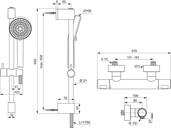 Ideal Standard Brausekombination Ceratherm T25 N, Aufputz, Silk Black, 600 mm Brausestange, 2-Funktions-Handbrause, 6 l/min Durchfluss