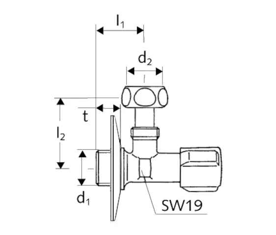 Eckventil mit Regulierfunktion COMFORT, COMFORT-Griff, Rosette Ø 54 mm (Tiefe 3 mm), DN 15 G 1/2 AG, Überwurfmutter DN 10 G 3/8 IG, chrom