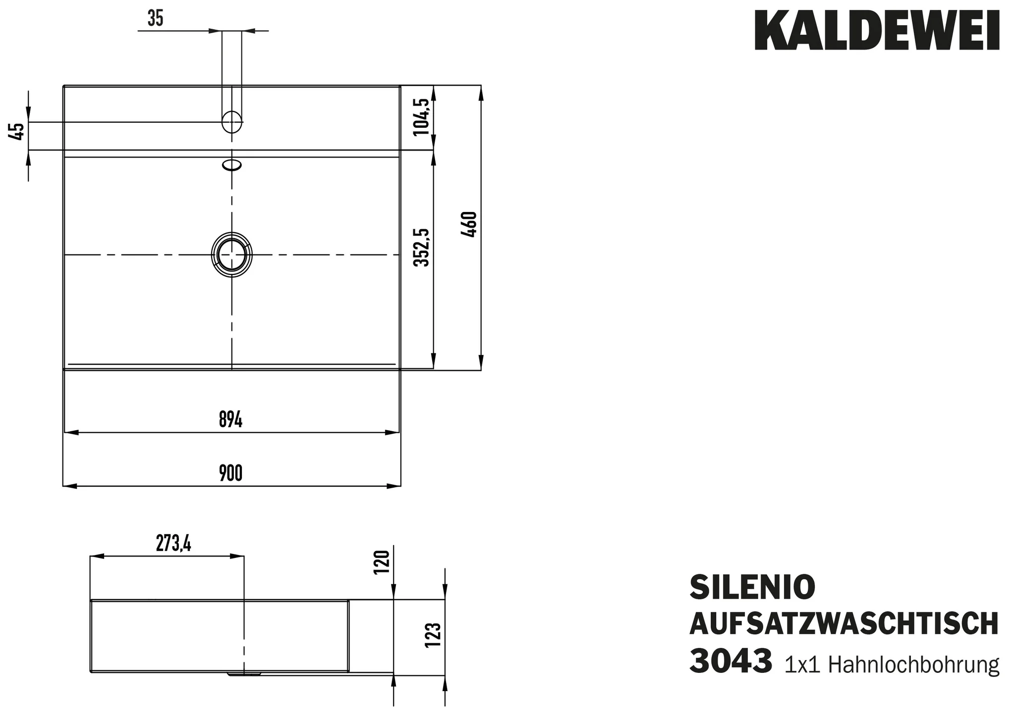 Kaldewei SILENIO Aufsatzwaschtisch, 900x460 mm, Randhöhe 120 mm, cool grey 90, Perl-Effekt, Antidröhn, mit 1er Hahnlochbohrung, mit Überlauf, Sichtteile chrom