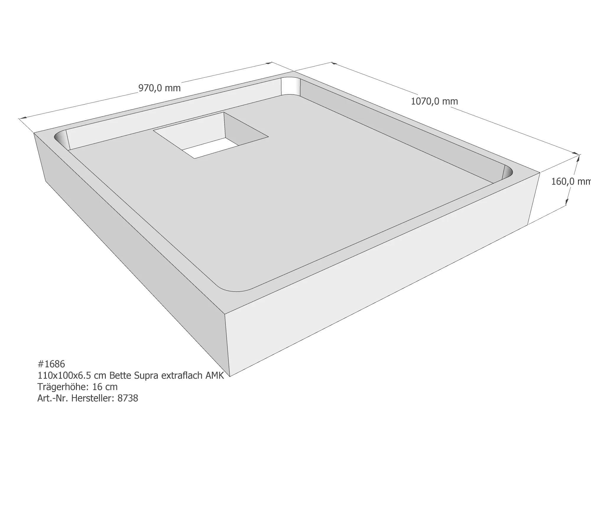 Duschwannenträger für Bette Supra (extraflach) 110 × 100 × 6,5 cm Breite: 100 cm / Länge: 110 cm