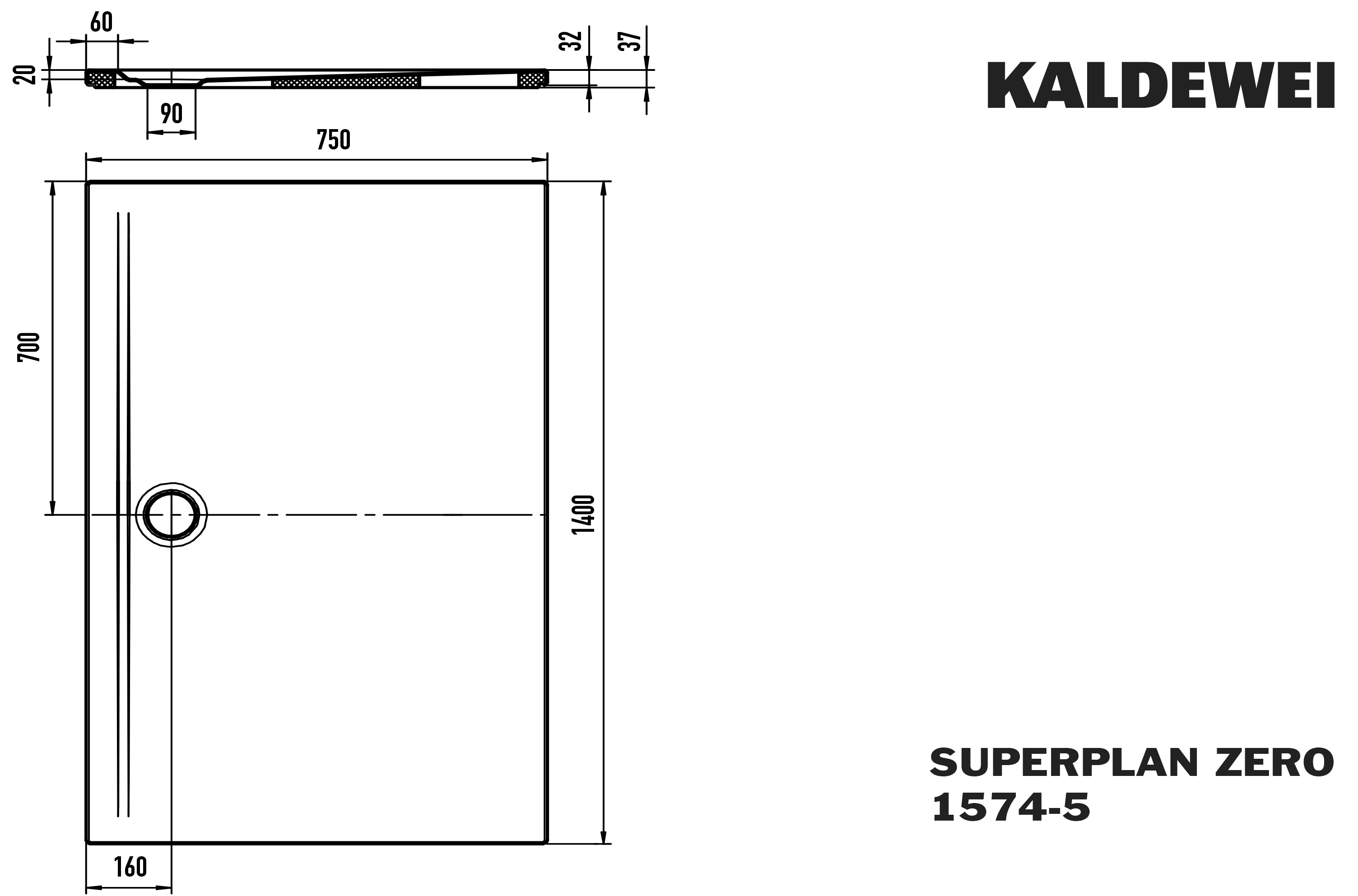 Kaldewei rechteck Duschwanne „Superplan Zero“ 75 × 140 cm mit Perl-Effekt, in cool grey 30