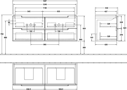 Villeroy & Boch Waschtischunterschrank „Subway 2.0“ für Schrank-Doppelwaschtisch 128,7 × 52 × 44,9 cm 4 Schubladen, für Waschtischposition mittig, 1 × Accessory Paket 2 