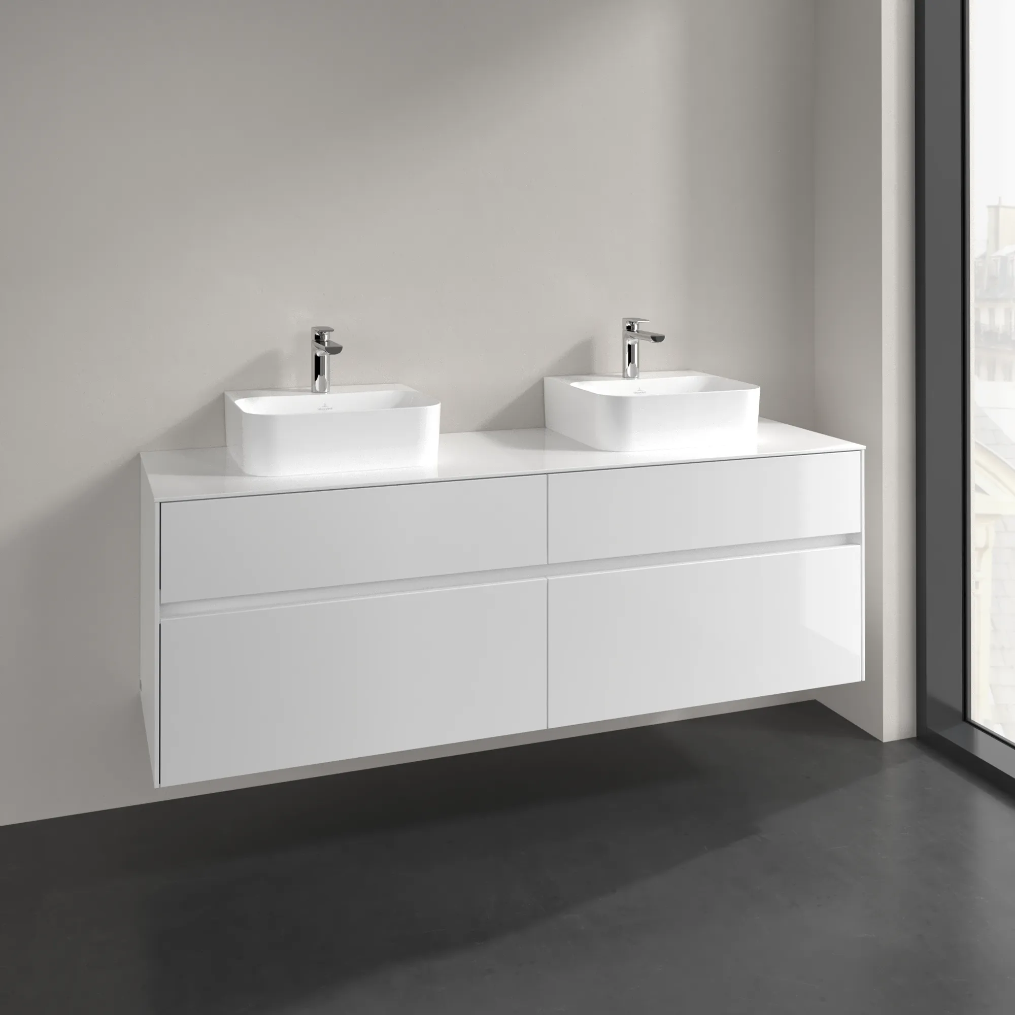 Villeroy & Boch Waschtischunterschrank „Collaro“ 1600 × 548 × 500 mm Glossy White, ohne Beleuchtung, für links und rechts