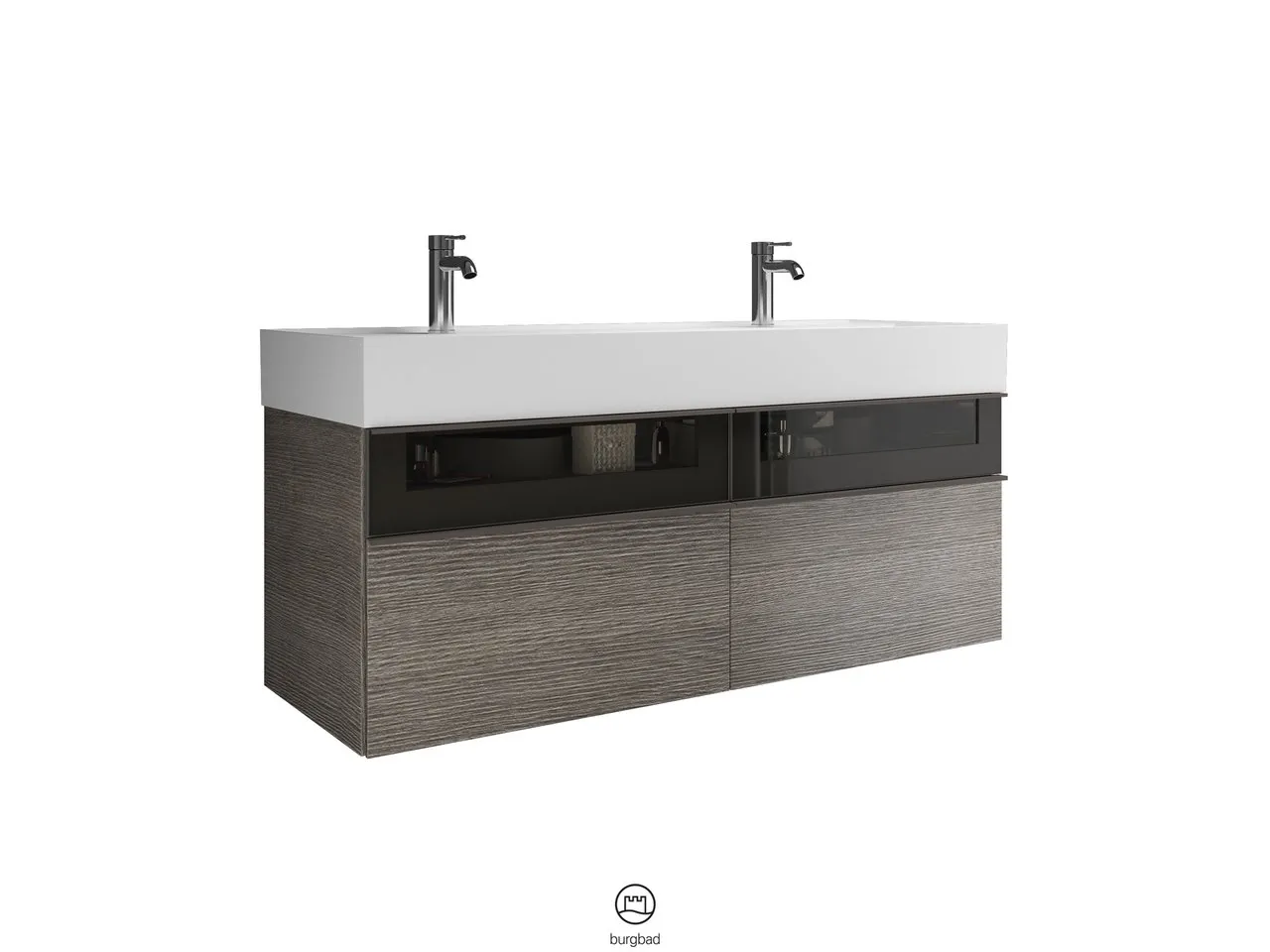Mi-Waschtisch inkl. WTU Yumo von burgbad – Mineralguss, 470x1315x610 mm, 2 Schubladen, Rauchglaseinsatz