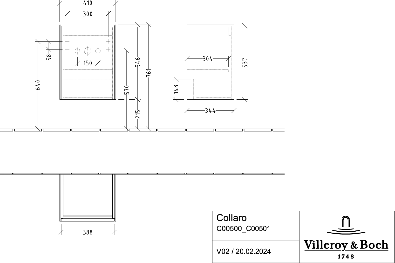 Villeroy & Boch Collaro Waschbeckenunterschrank C00500, 410 x 546 x 344 mm, links
